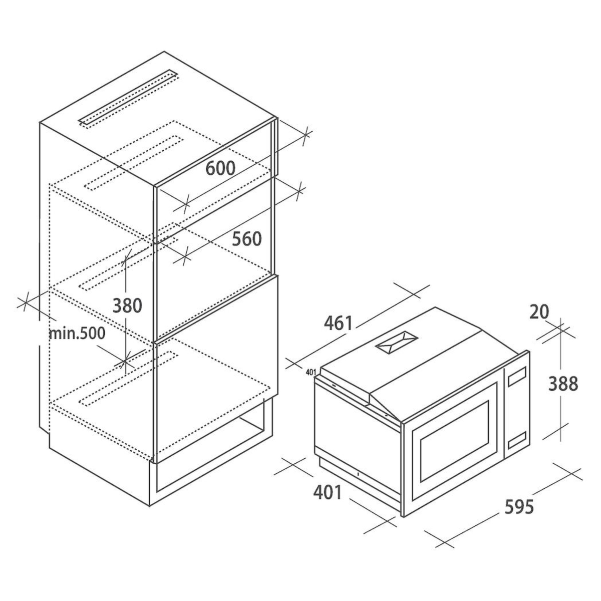 Dibujo técnico de un horno microondas y un mueble empotrado, con dimensiones indicadas.