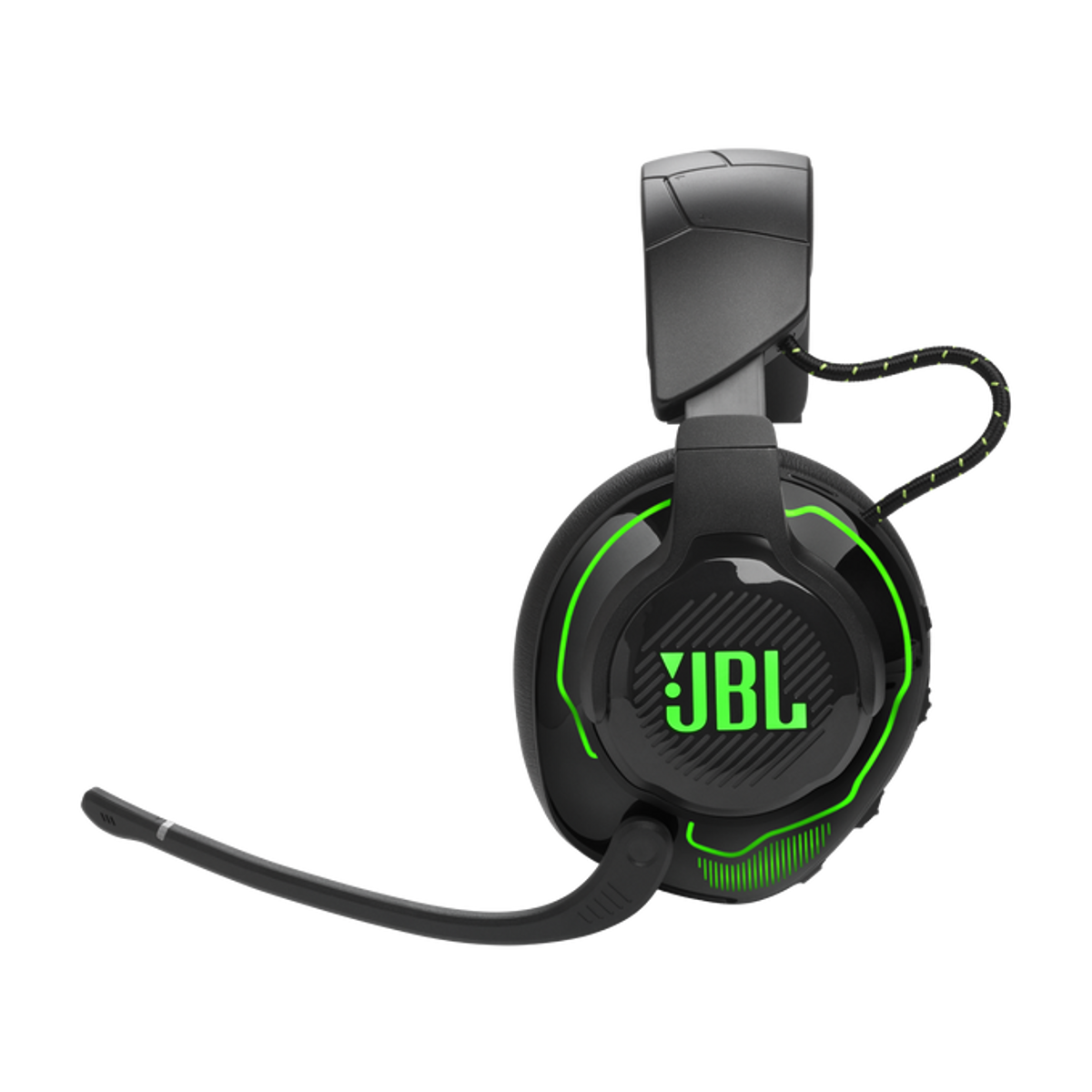 Czarne słuchawki do gier z zielonymi akcentami i mikrofonem.