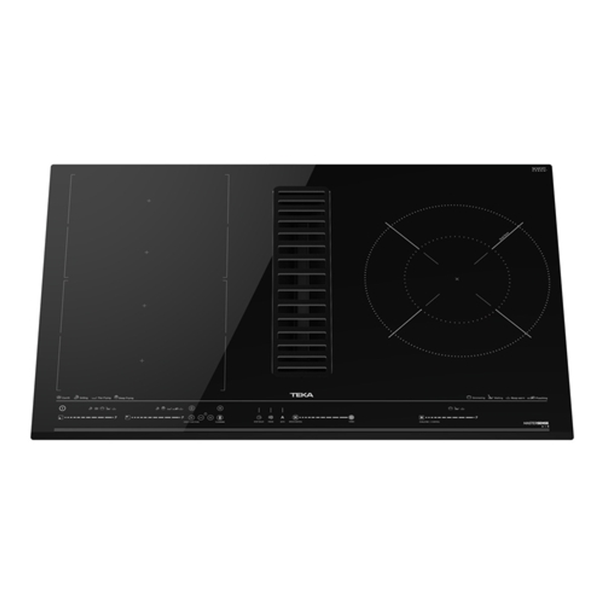 Czarna płyta indukcyjna ze zintegrowanym okapem, widok z góry, na białym tle.