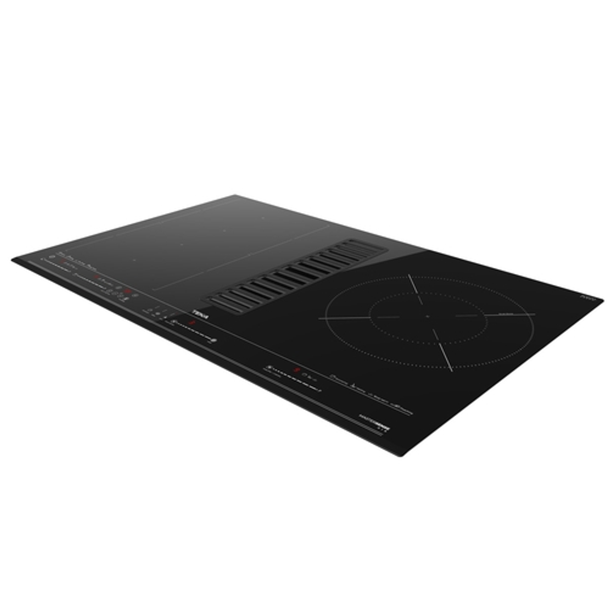 Czarna płyta indukcyjna. Widok z góry, pokazujący powierzchnię i wbudowany wentylator.