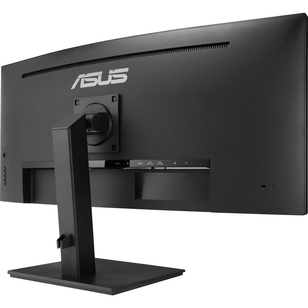 Rückseite eines schwarzen, gebogenen ASUS-Monitors mit Markenname, Anschlüssen und Ständer.