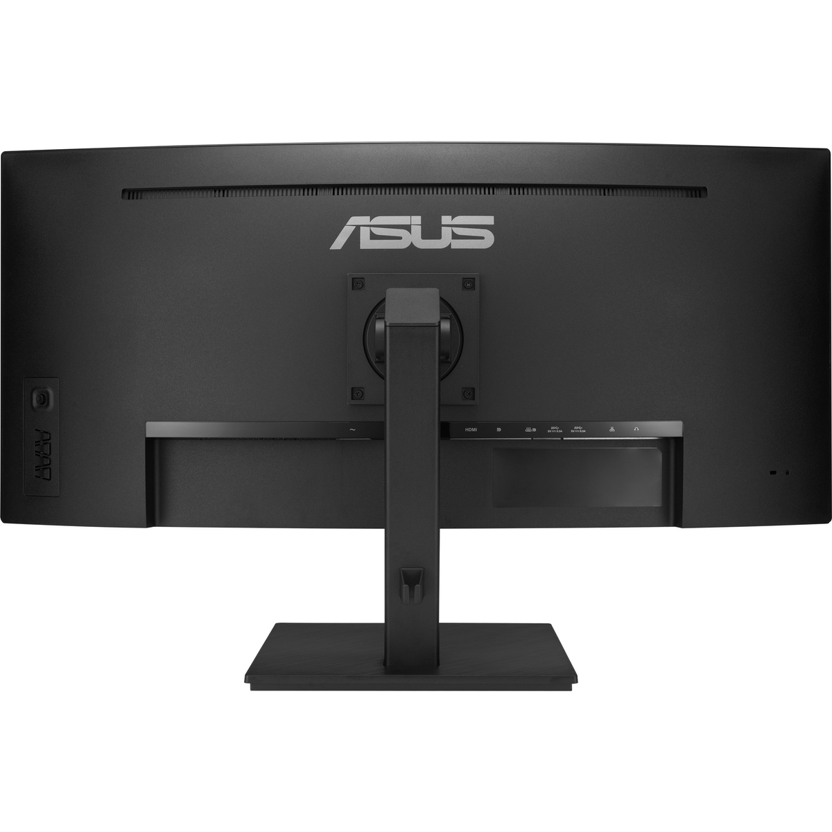 Rückseite des schwarzen ASUS-Monitors. Das ASUS-Logo ist oben zentriert. Ständer und Anschlüsse sind sichtbar.