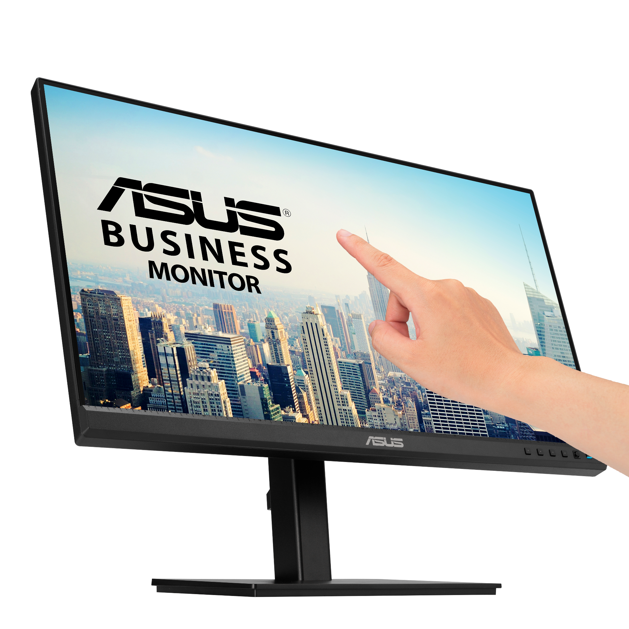 Ręka osoby dotykająca monitora komputera z logo ASUS Business Monitor.