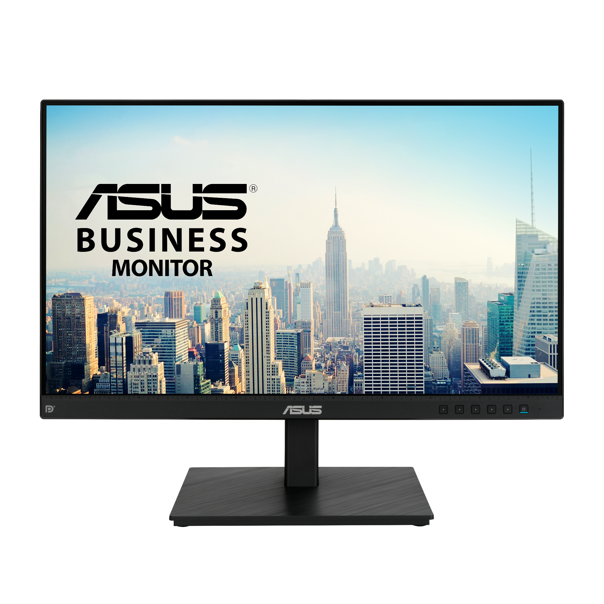 ASUS Business Monitor wyświetla panoramę miasta. Monitor jest czarny, na czarnej podstawie. Tło to miasto.