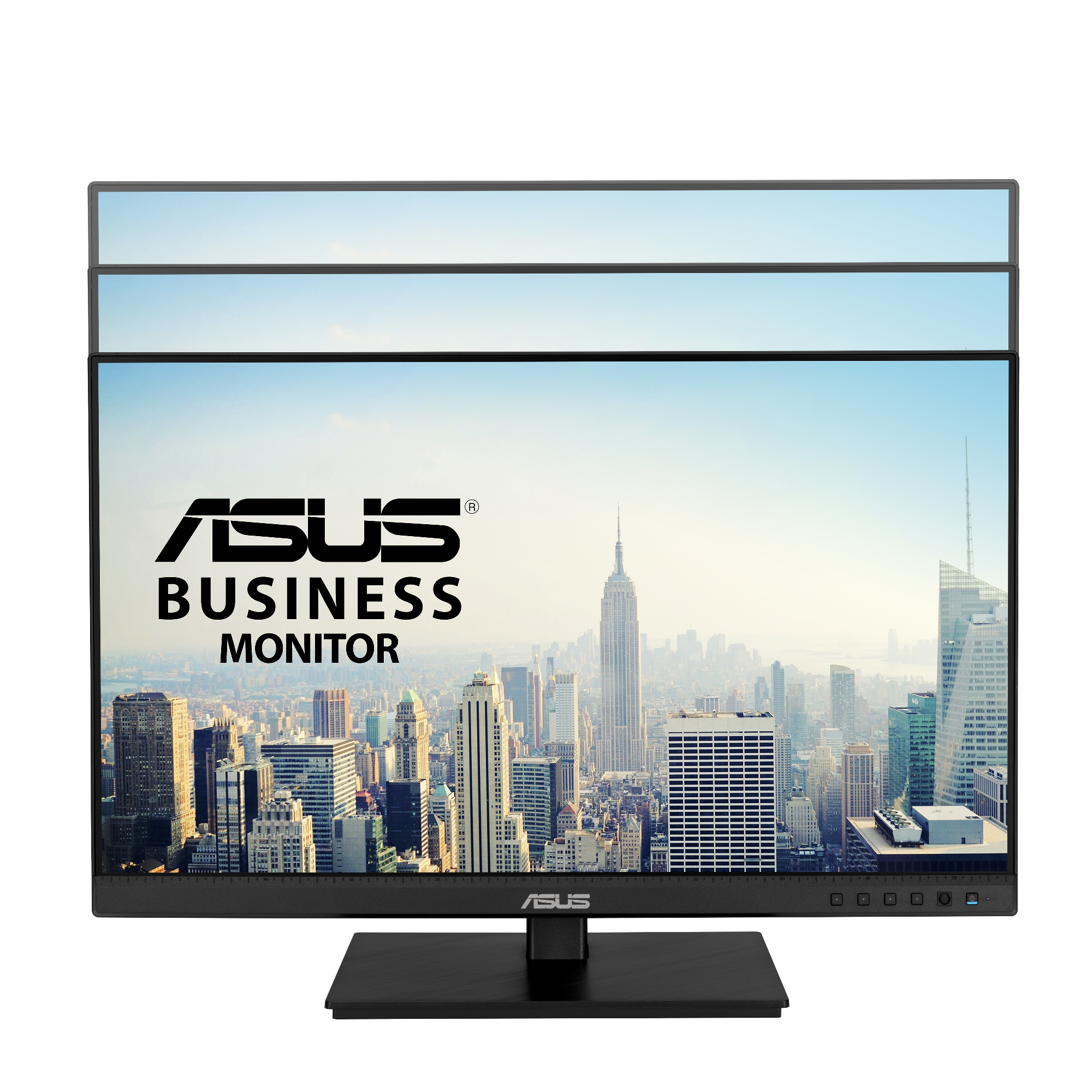 Monitor ASUS Business. Monitor wyświetlający krajobraz miejski i logo ASUS.