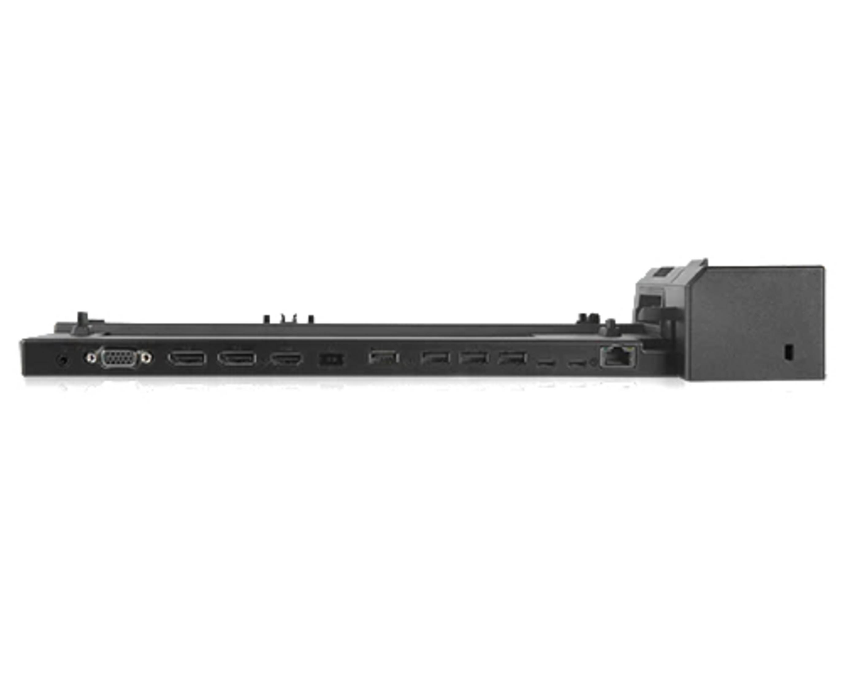 Eine schwarze Dockingstation mit mehreren Anschlüssen, darunter HDMI, USB und Ethernet, von der Seite gesehen.