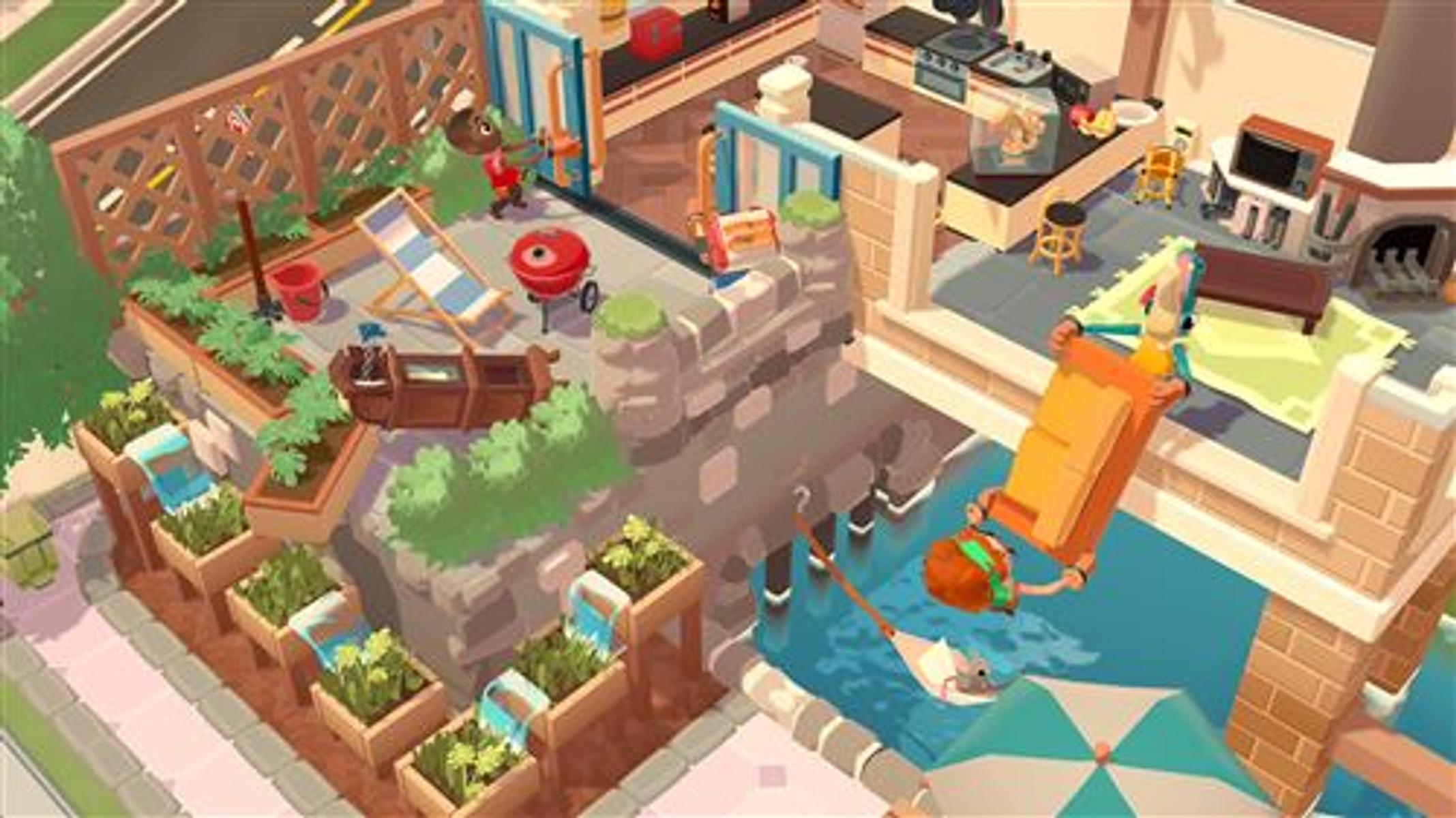 Kreskówka przedstawiająca scenę z domu z ludźmi i przedmiotami.