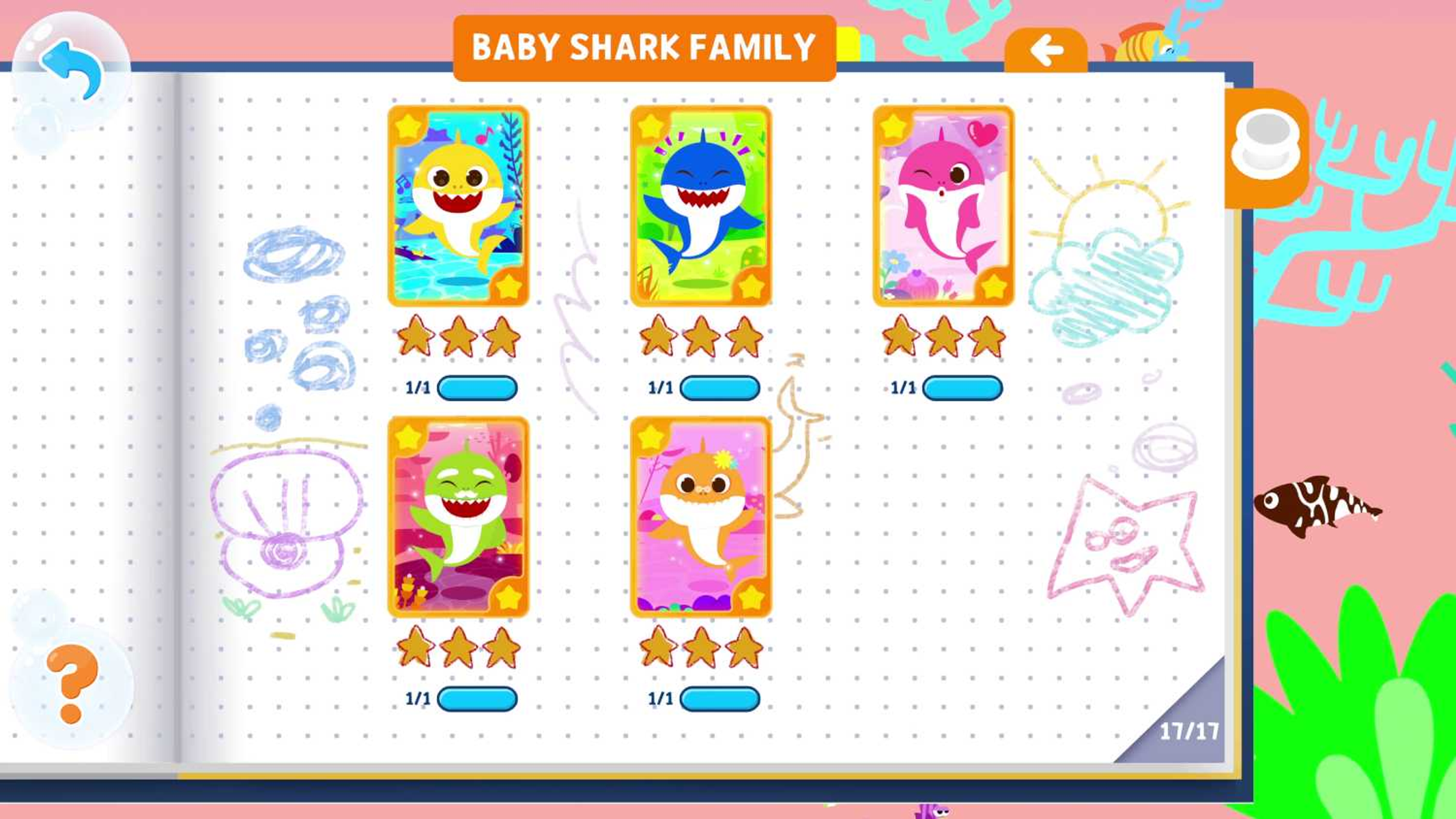 Pantalla de juego con temática de la familia Baby Shark con cartas e ilustraciones, en una página de cuaderno.