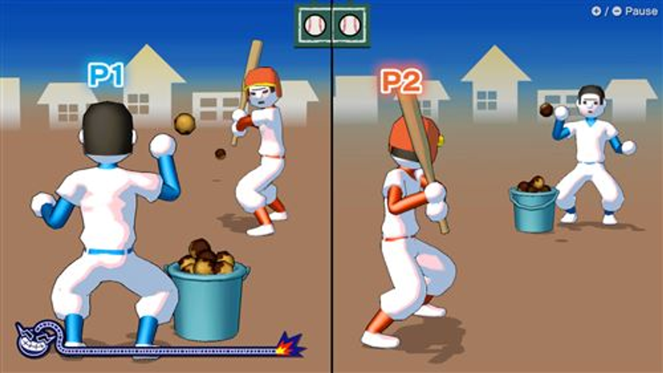 Scena z gry w baseball. Dwie drużyny w akcji. Jeden miotacz, jeden pałkarz widać.