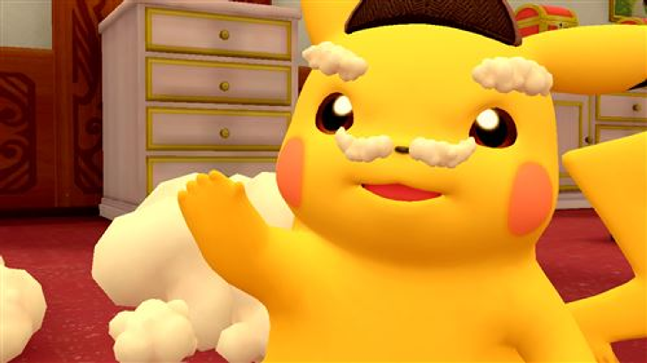 Pikachu con nubes en la cara. Está de pie y agitando su mano derecha.