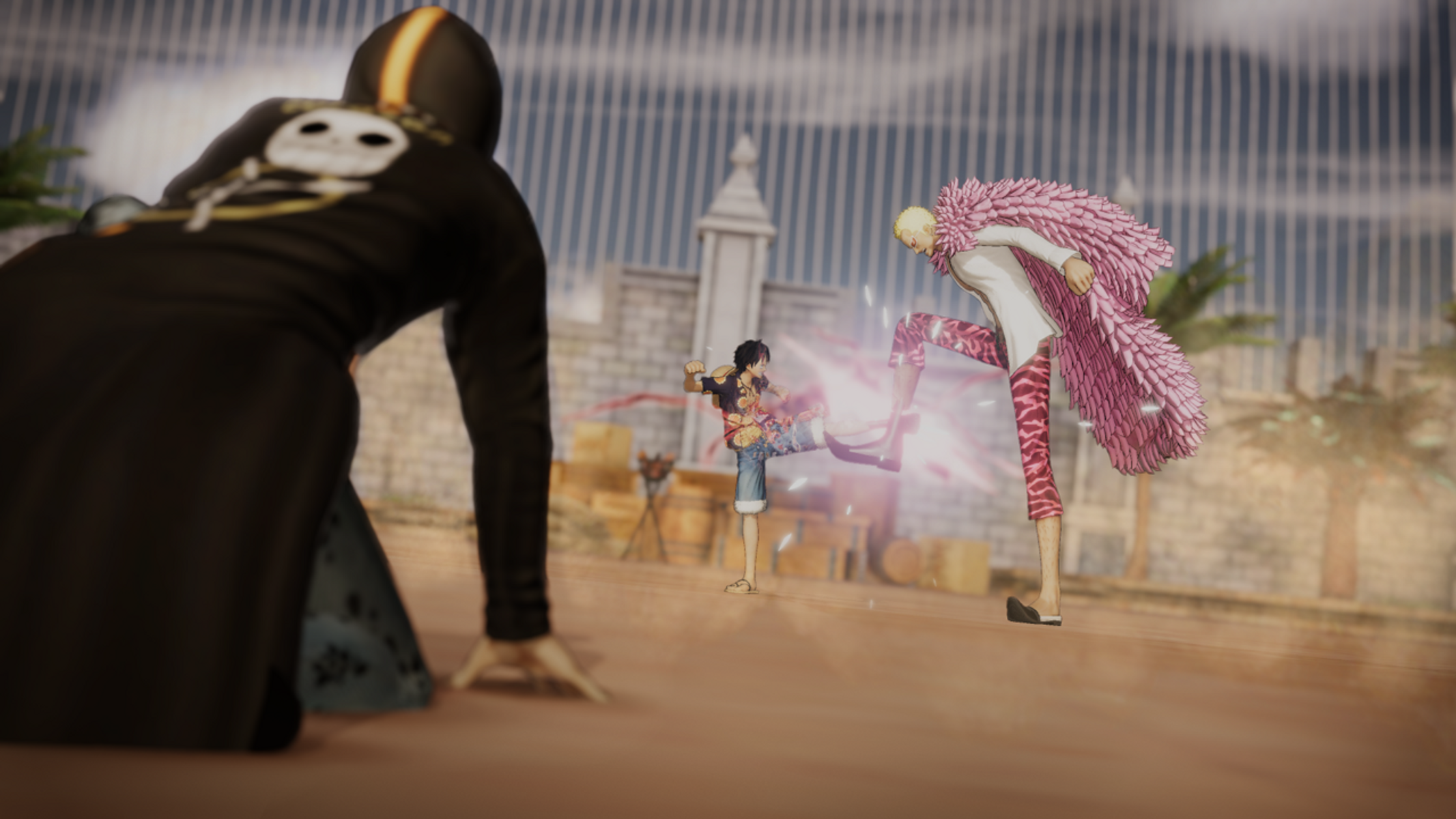 Scena del gioco One Piece. Due personaggi combattono. Uno è davanti e l'altro dietro.