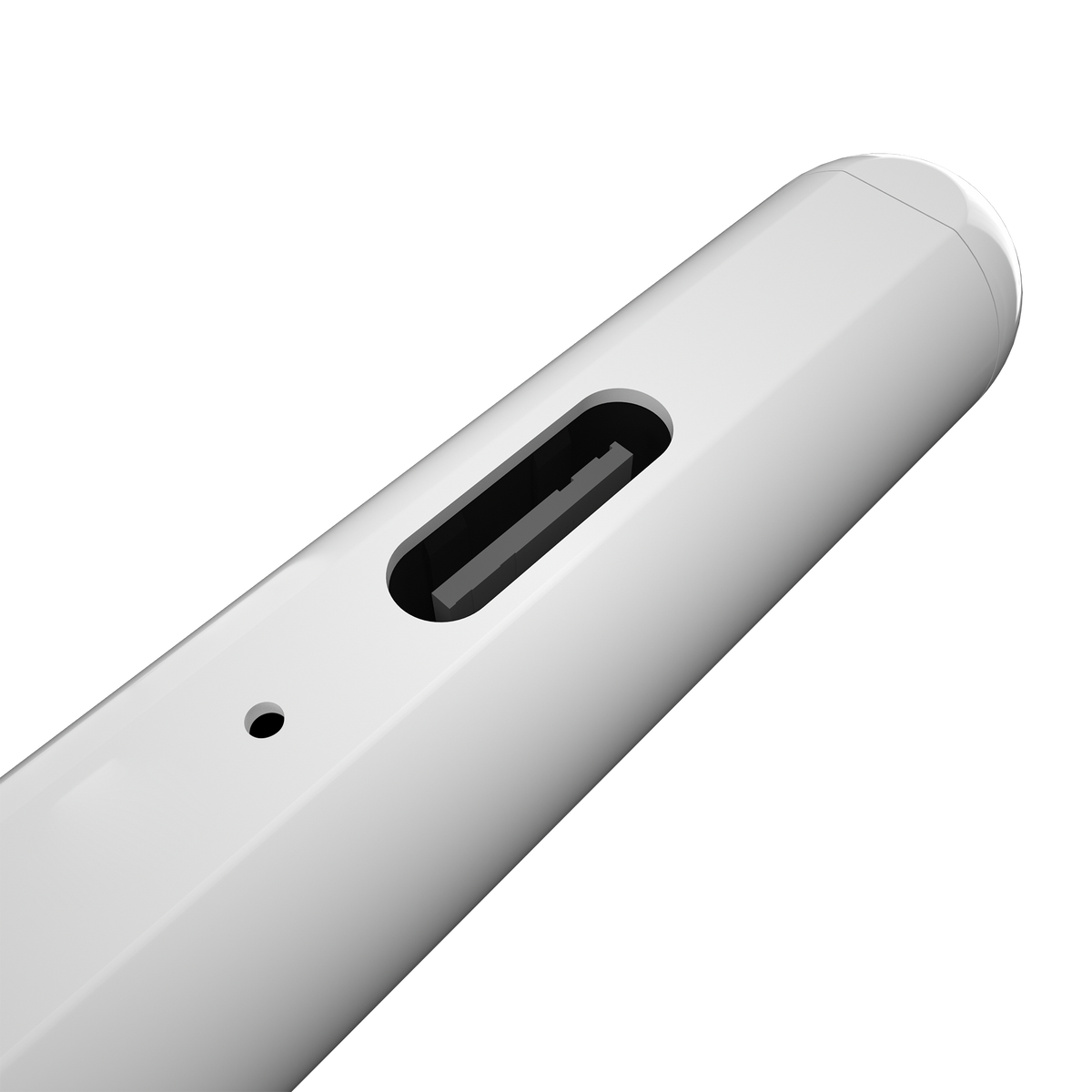 Biały, błyszczący port telefonu. Zbliżenie portu ładowania i małego otworu.