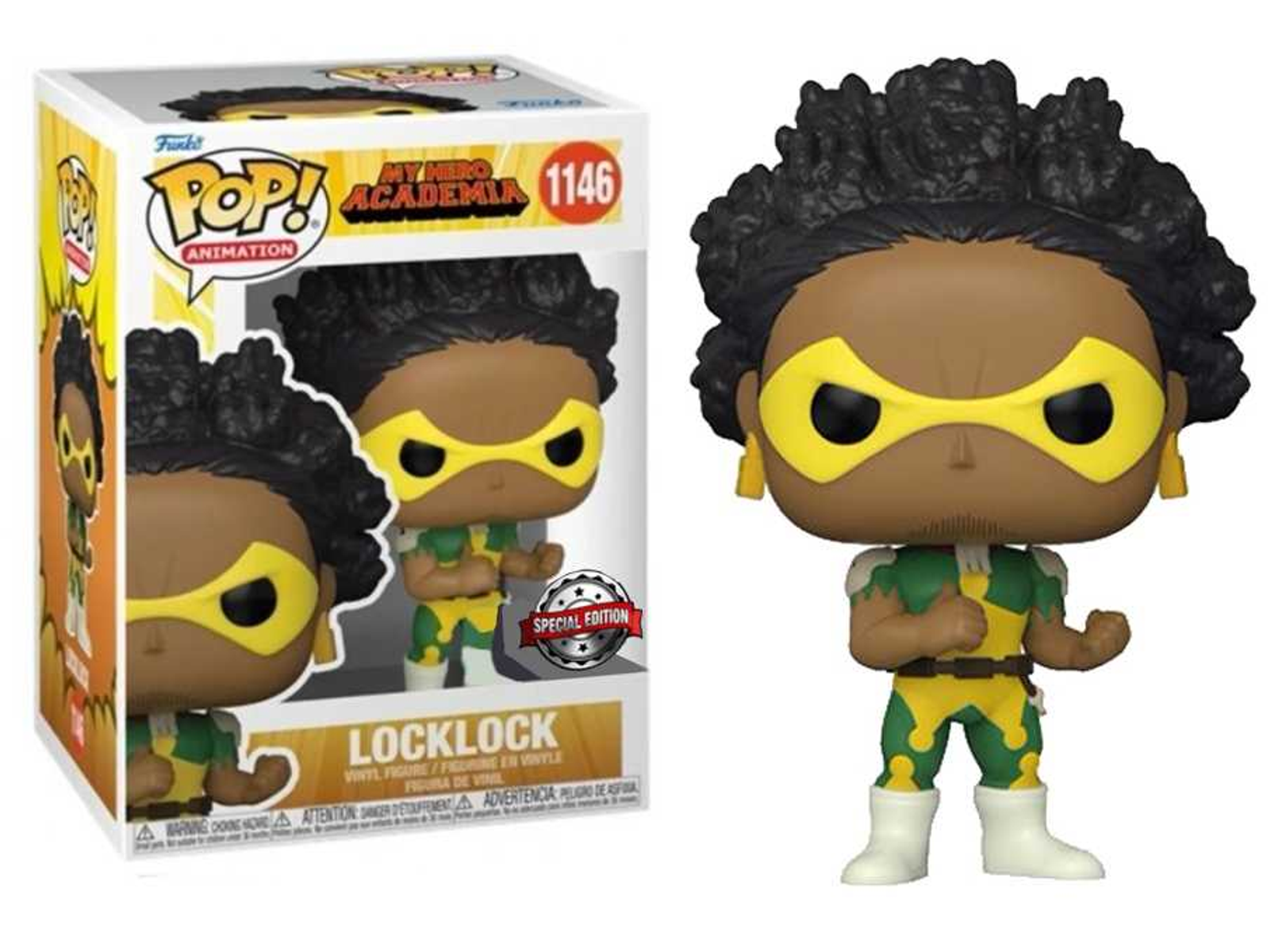 Figura Funko Pop di LockLock, un personaggio di My Hero Academia. In scatola, con immagine del personaggio.