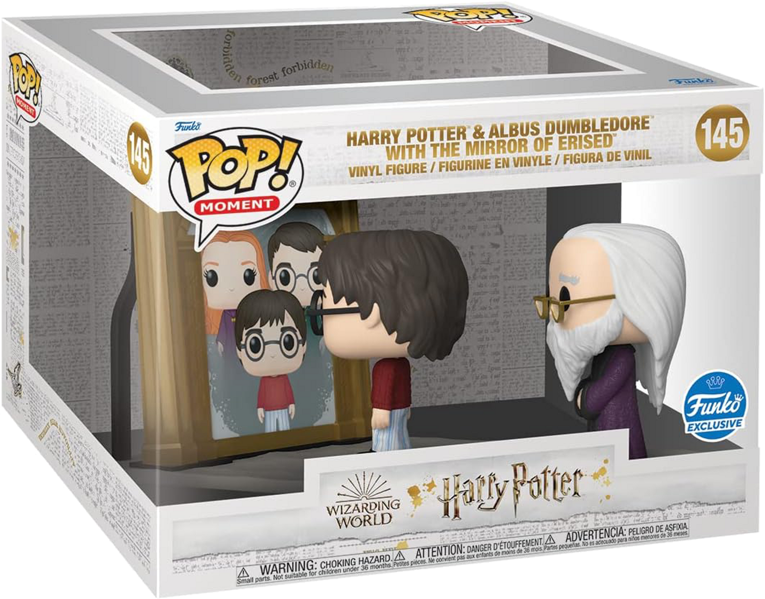 Eine Funko Pop Box mit Harry Potter und Dumbledore Figuren. Sie stehen vor einem Spiegel.