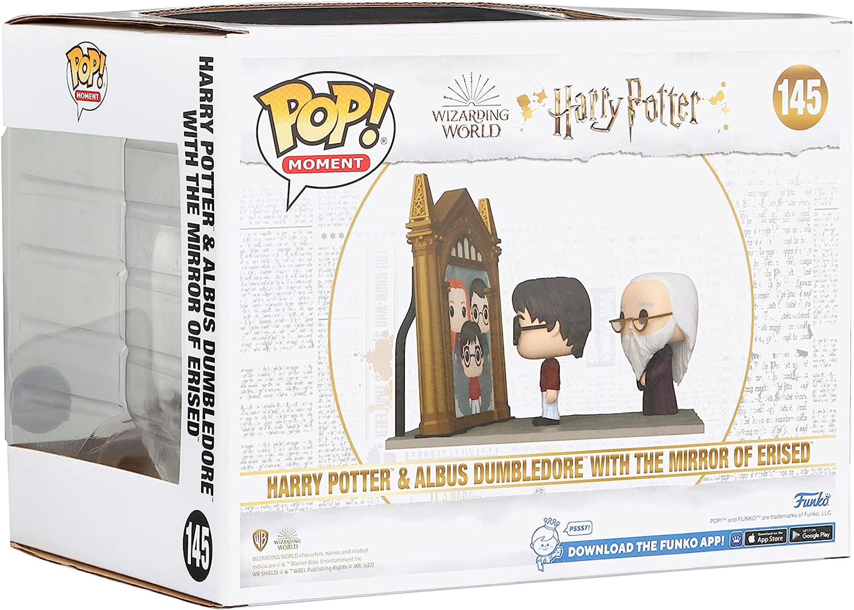 Un conjunto de figuras Funko Pop! de Harry Potter y Albus Dumbledore, frente al espejo de Erised.