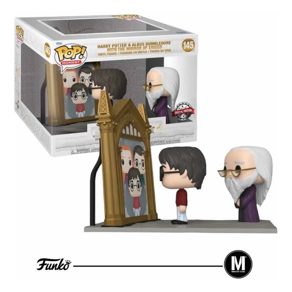 Figura Funko Pop de Harry Potter y Dumbledore. Una caja con efecto espejo. Dos figuras junto a un espejo.