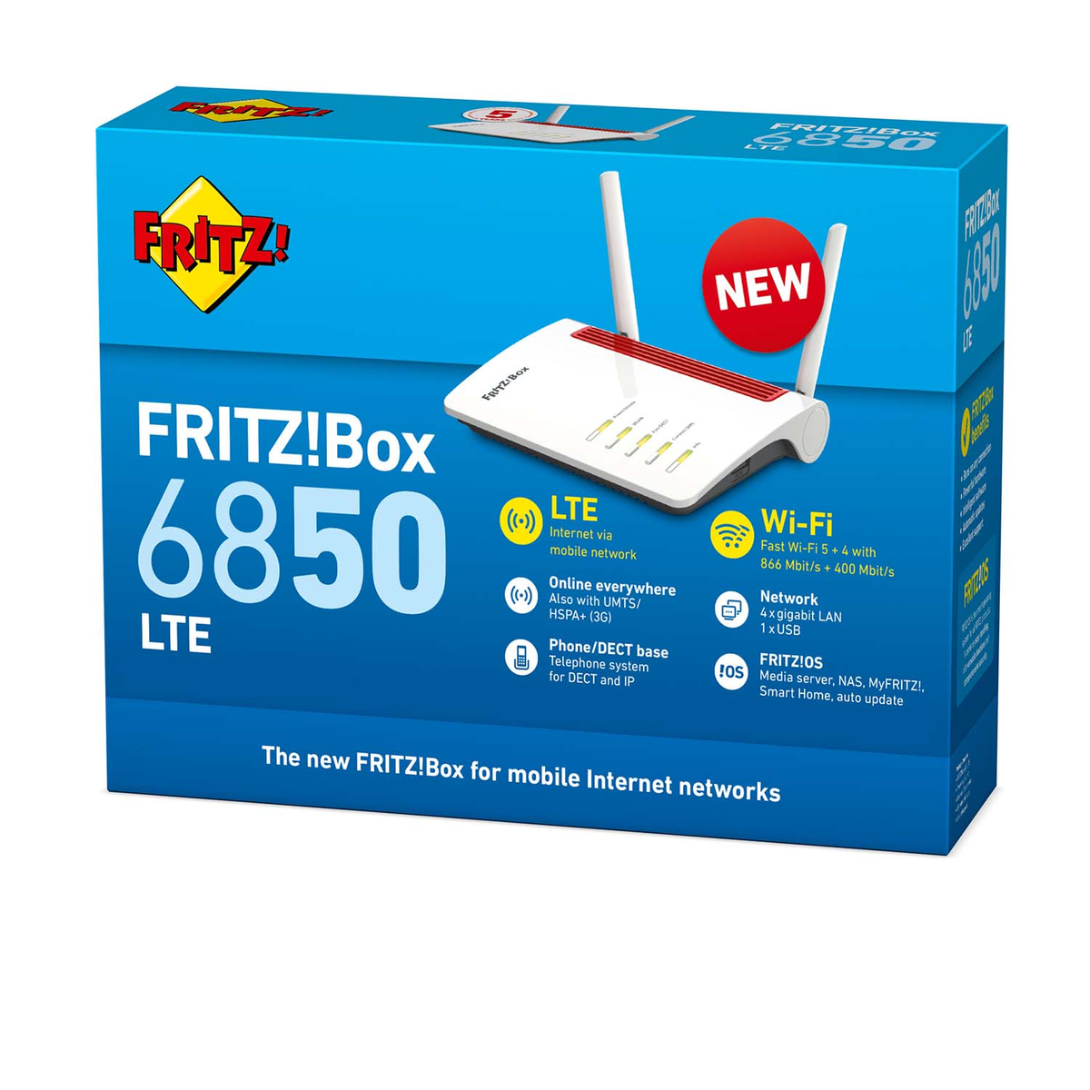 Pudełko z FRITZ!Box 6850 LTE, nazwa produktu. Posiada Wi-Fi, LTE i funkcje telefonu. Pudełko jest niebieskie.