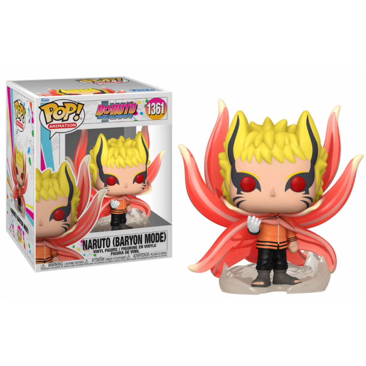 Naruto Baryon Mode Figur. Naruto mit gelben Haaren, roten Augen und Flammen, in einer Box.