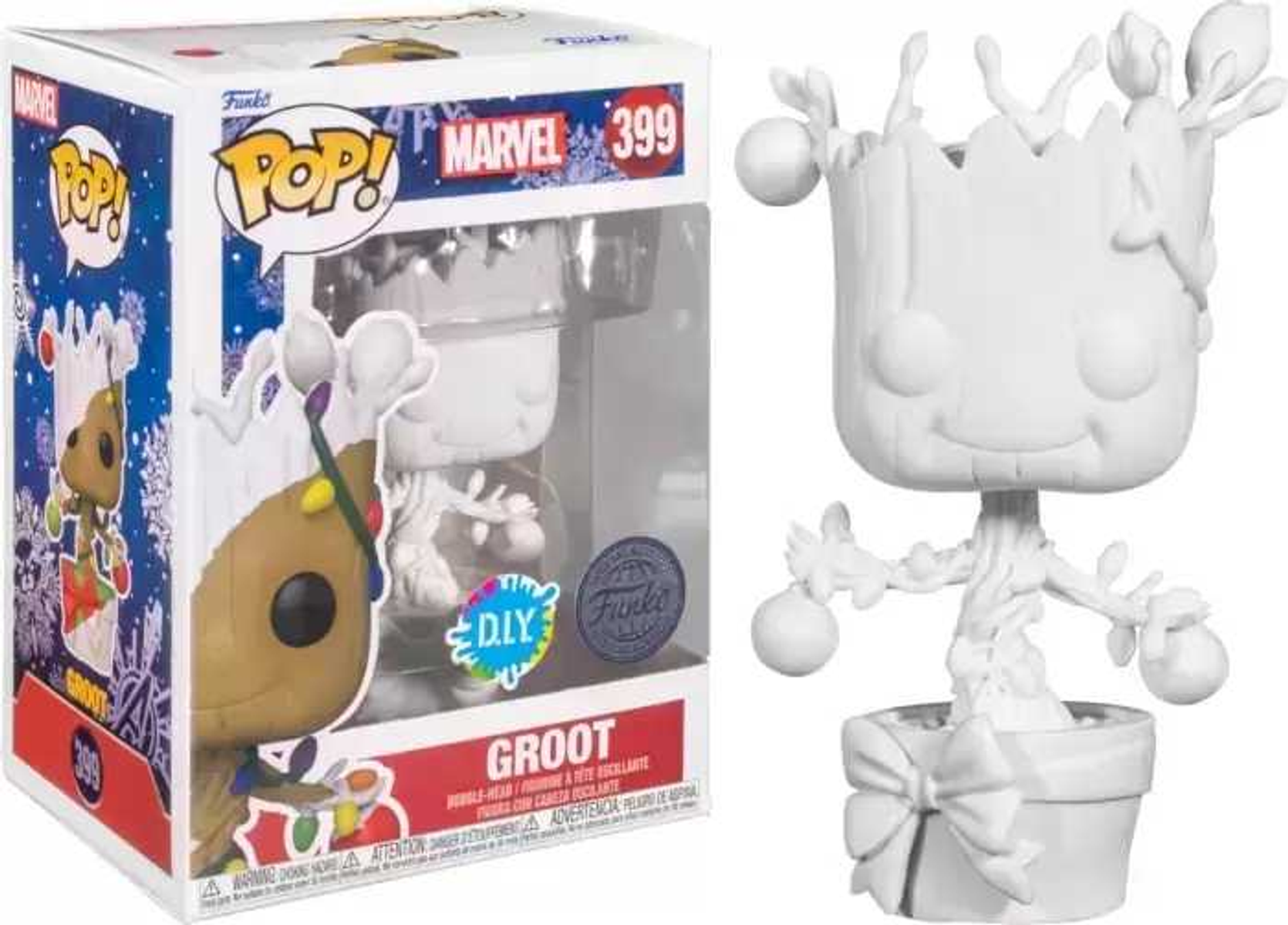 Eine Funko Pop! Figur von Groot, mit Weihnachtsthema und einer DIY-Box daneben.
