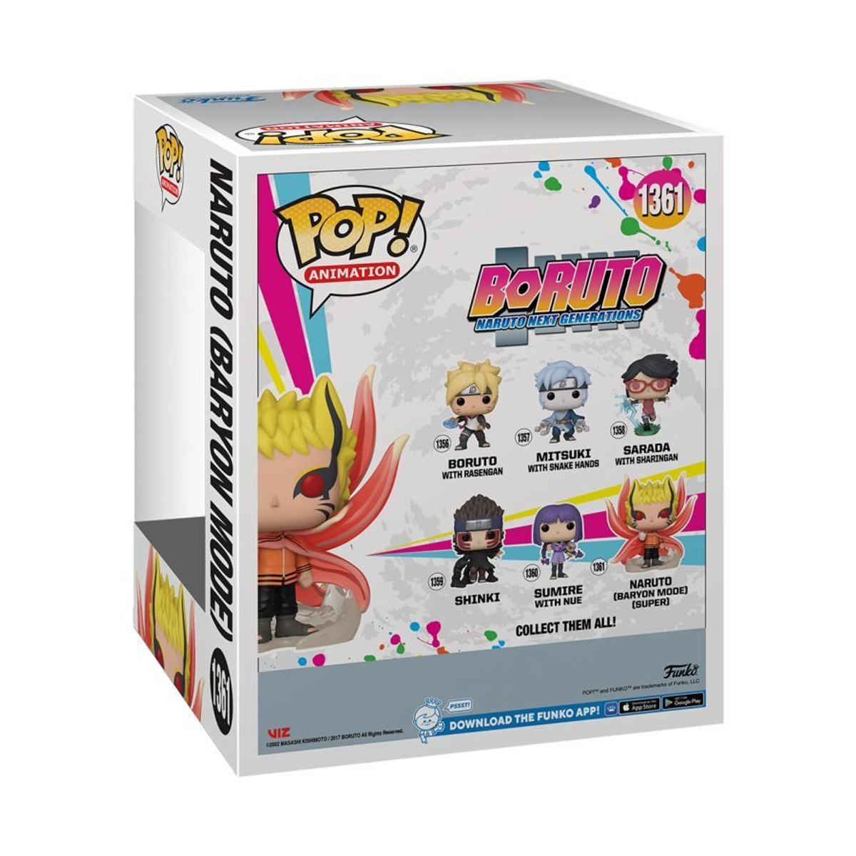 Box-Art für Naruto Pop! Figur. Zeigt die Charaktere Boruto, Mitsuki, Sarada, Shinki, Sumire und Naruto.