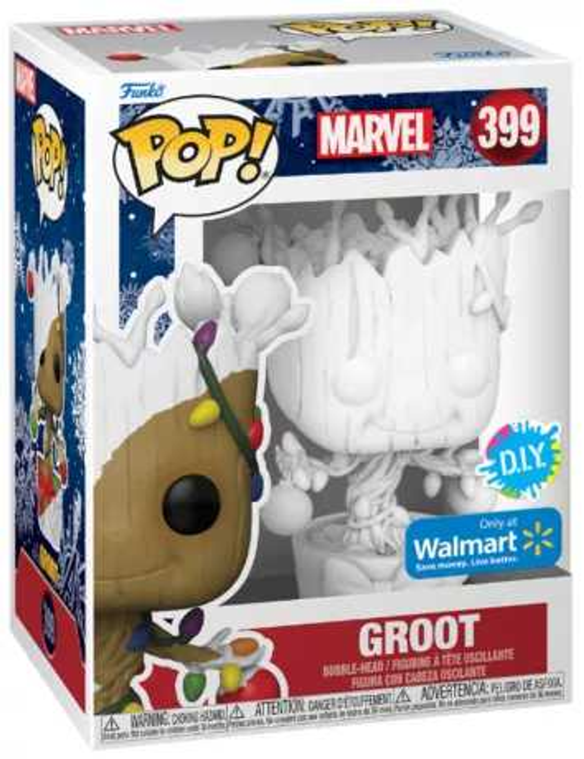 Funko Pop! Groot Figur in einer Box. Die Figur ist weiß und hat Weihnachtsbeleuchtung. Die Box ist weiß und blau.