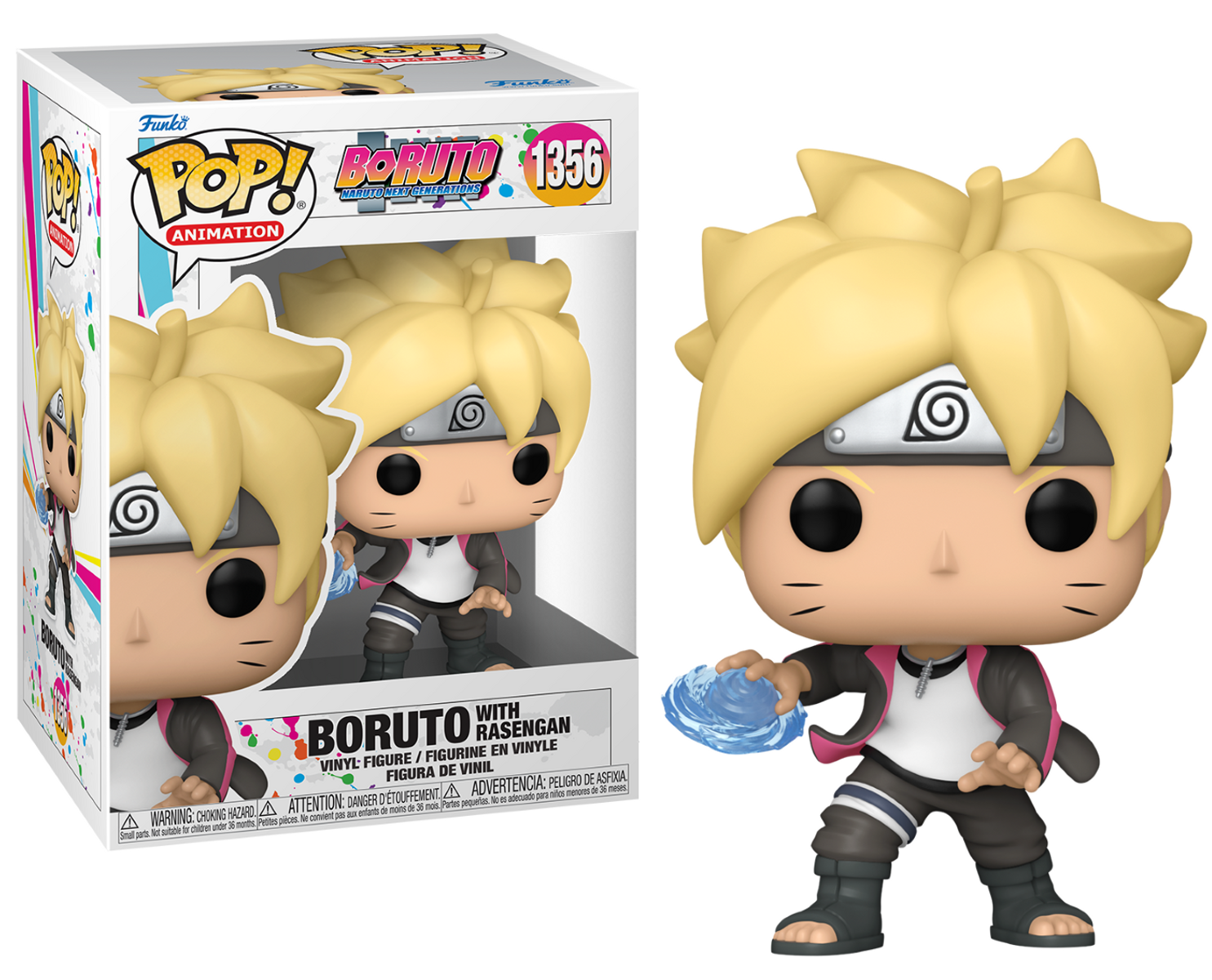 Eine Funko Pop Figur von Boruto mit Box, hält einen Rasengan Effekt, auf Weiß.