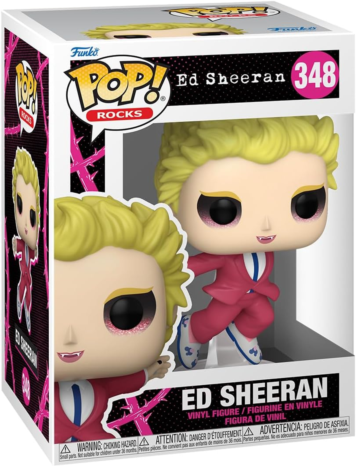 Ed Sheeran Funko Pop Figur in ihrer Box. Die Figur trägt einen roten Anzug und blondes Haar.