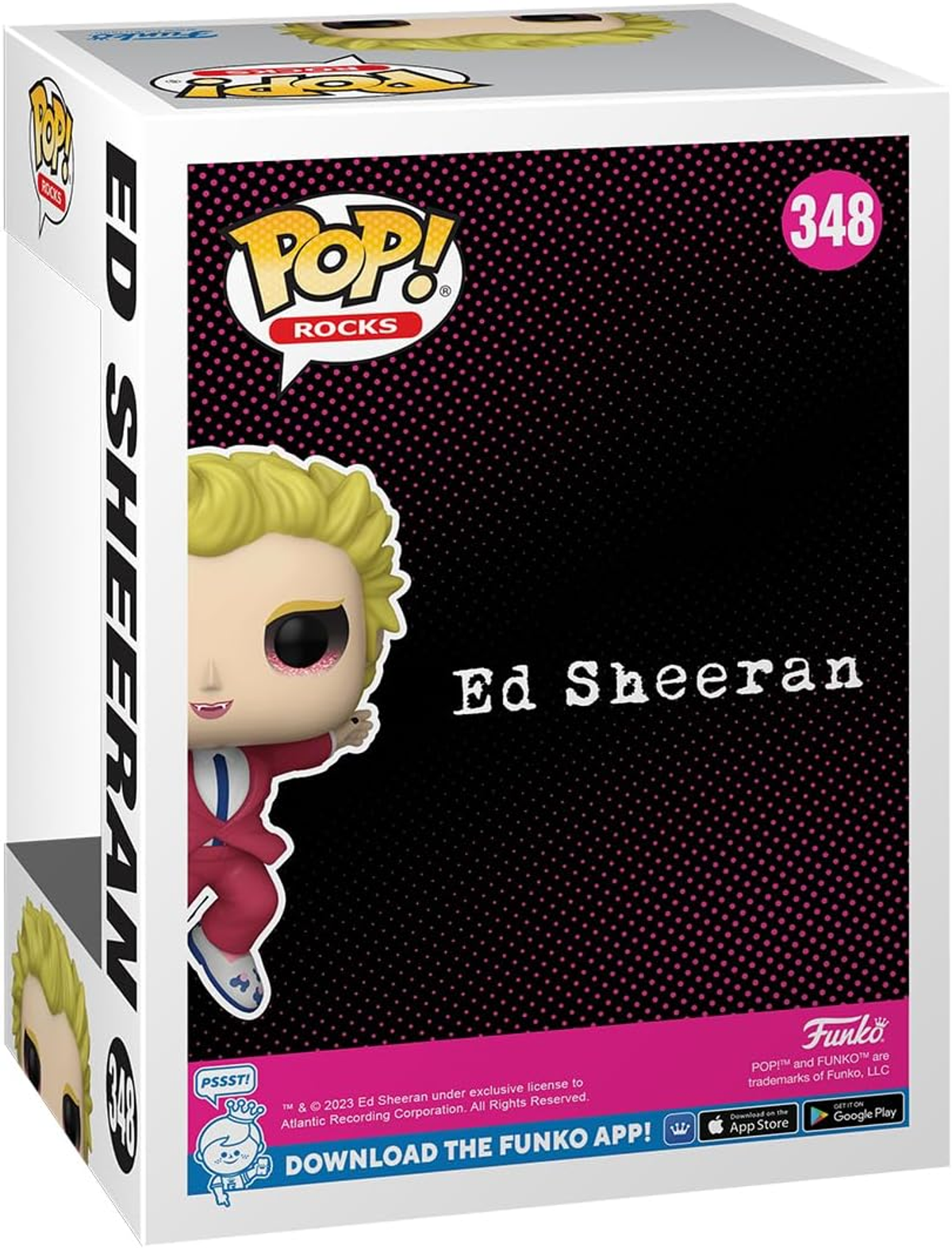 Ed Sheeran Funko Pop-Box, mit dem Sänger in rotem Anzug und blonden Haaren.