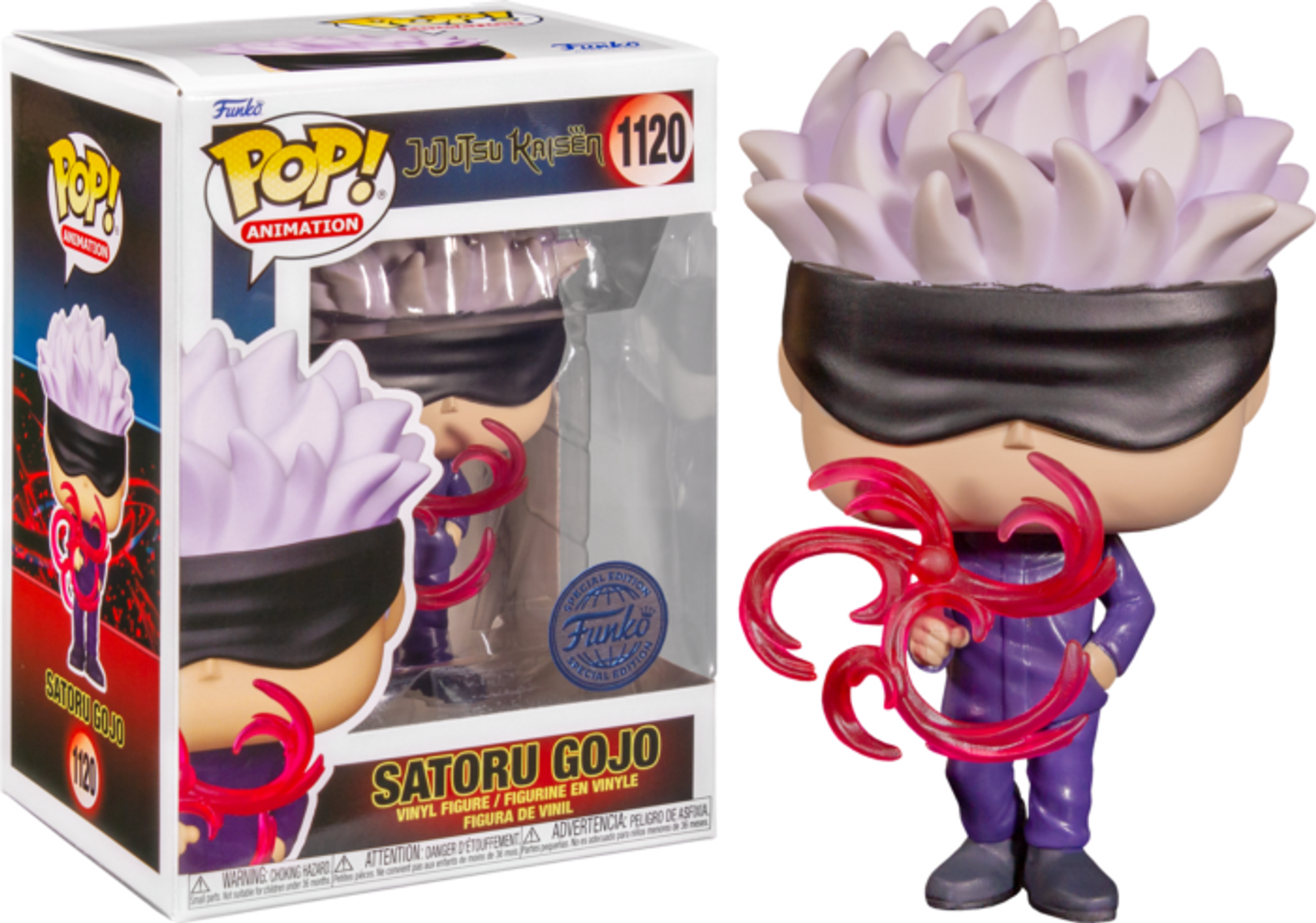 Figurine Funko Pop de Satoru Gojo, avec boîte. La figurine a des cheveux blancs, un bandeau et des tourbillons rouges.