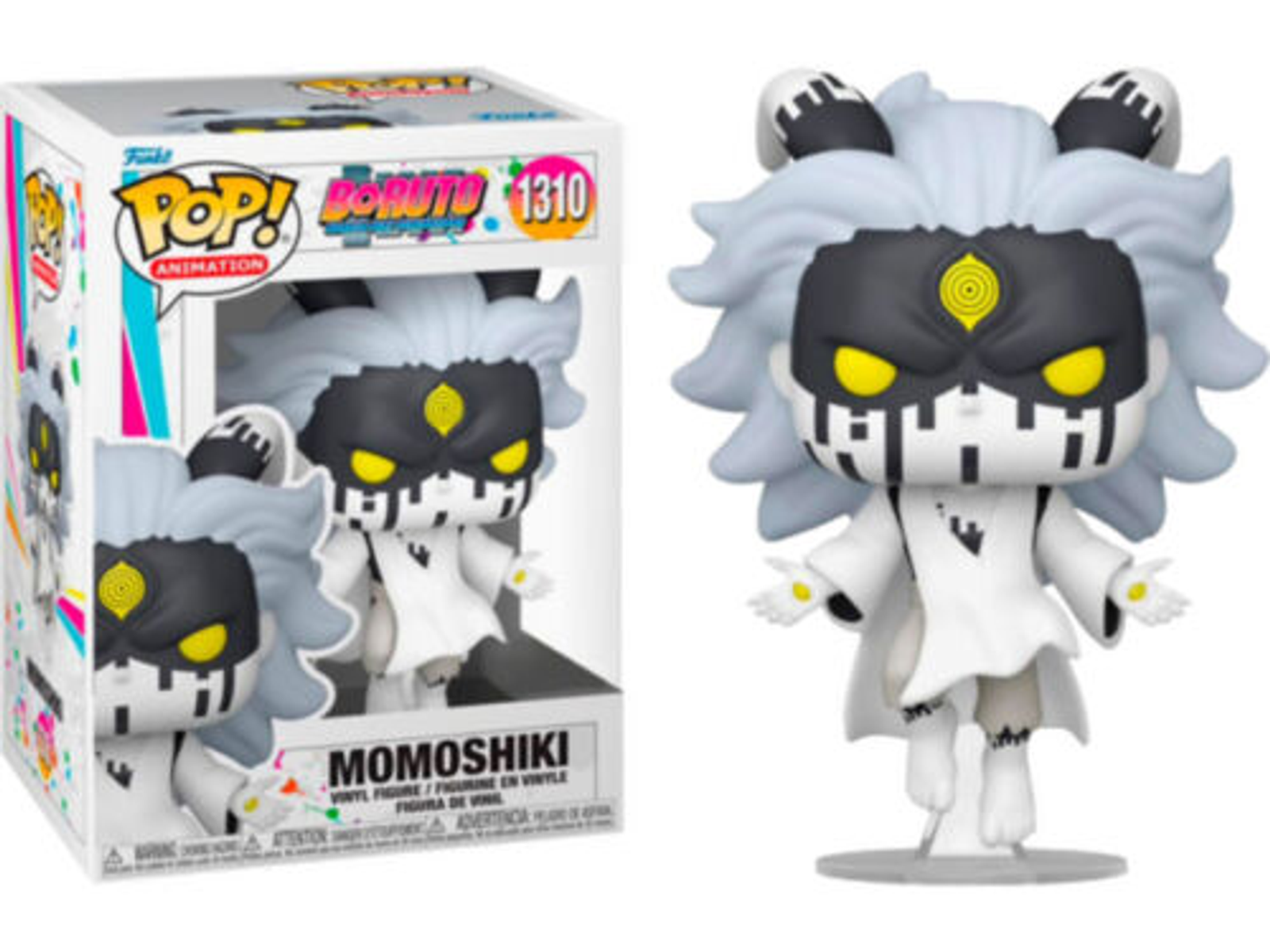 Momoshiki Funko Pop Figur in einer Box, die Figur ist weiß, schwarz und gelb.