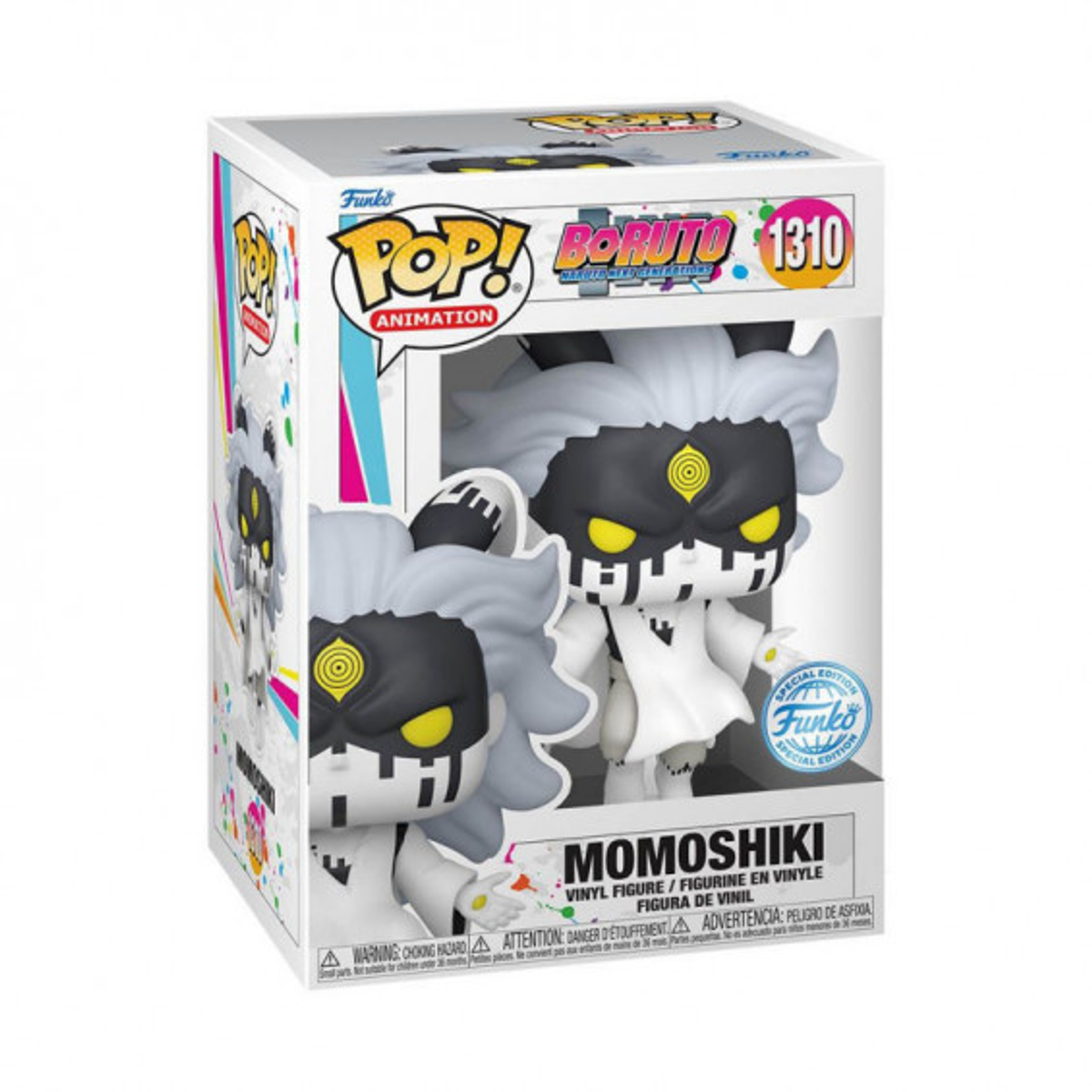 Funko Pop! Figur von Momoshiki aus Boruto. Weiße und schwarze Figur in der Box.