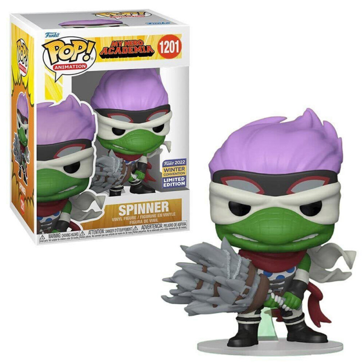 Funko Pop Figur von Spinner aus My Hero Academia, mit einer Box im Hintergrund.