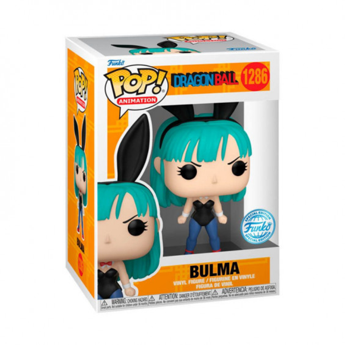 Bulma-Figur in einer Box. Sie hat blaue Haare, Hasenohren und trägt ein schwarzes Outfit.