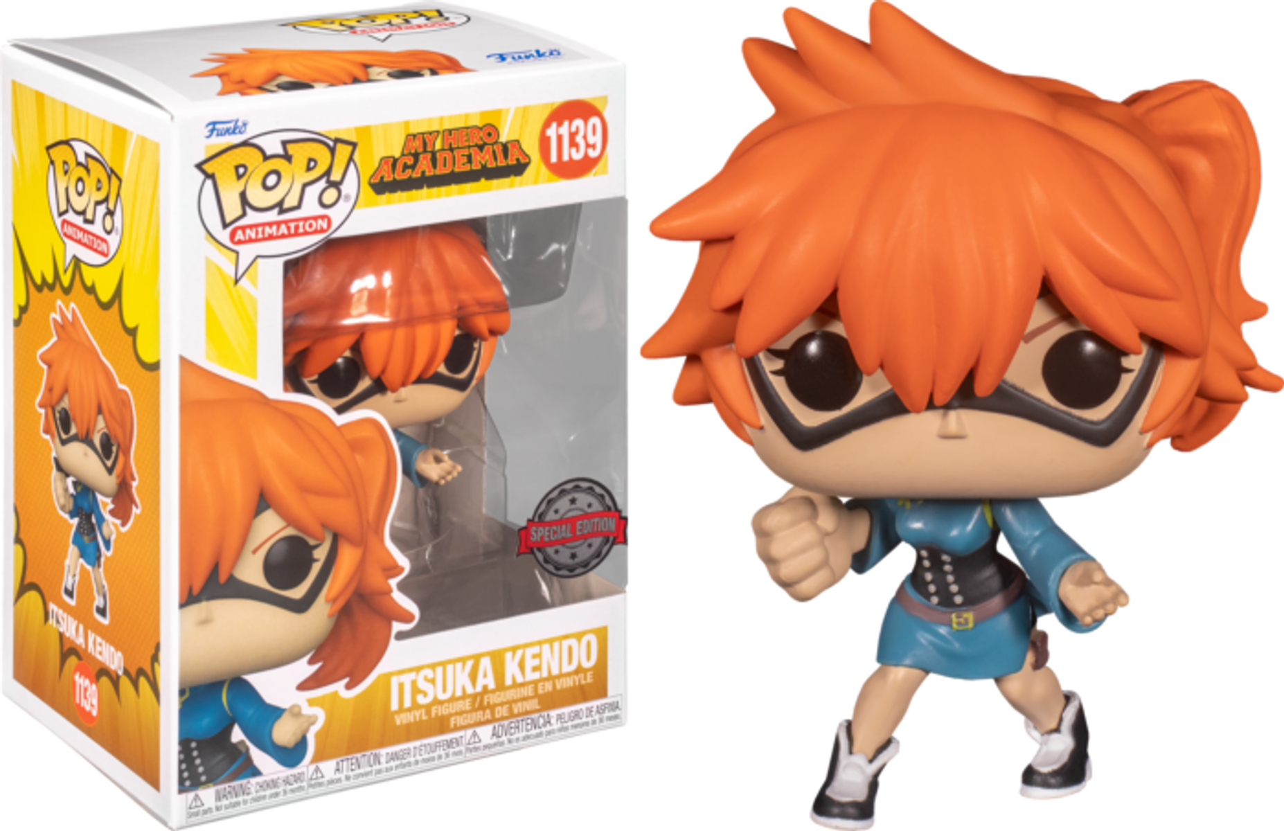 Figura Funko Pop de Itsuka Kendo de My Hero Academia, en caja y fuera.