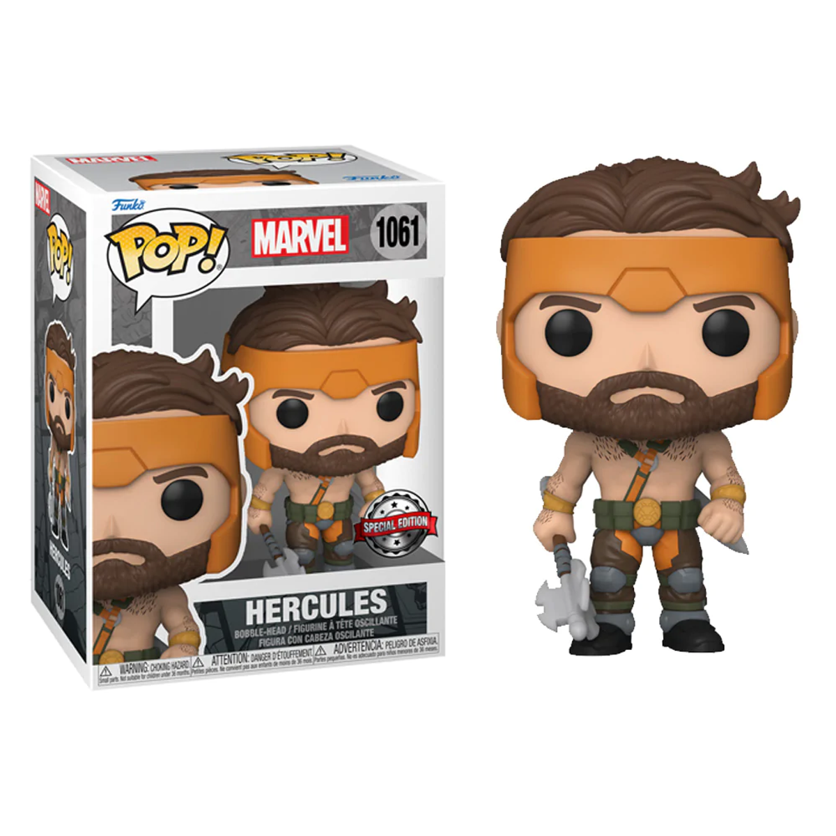 Figura Funko Pop! de Hércules en una caja con imágenes, Hércules sosteniendo un arma.