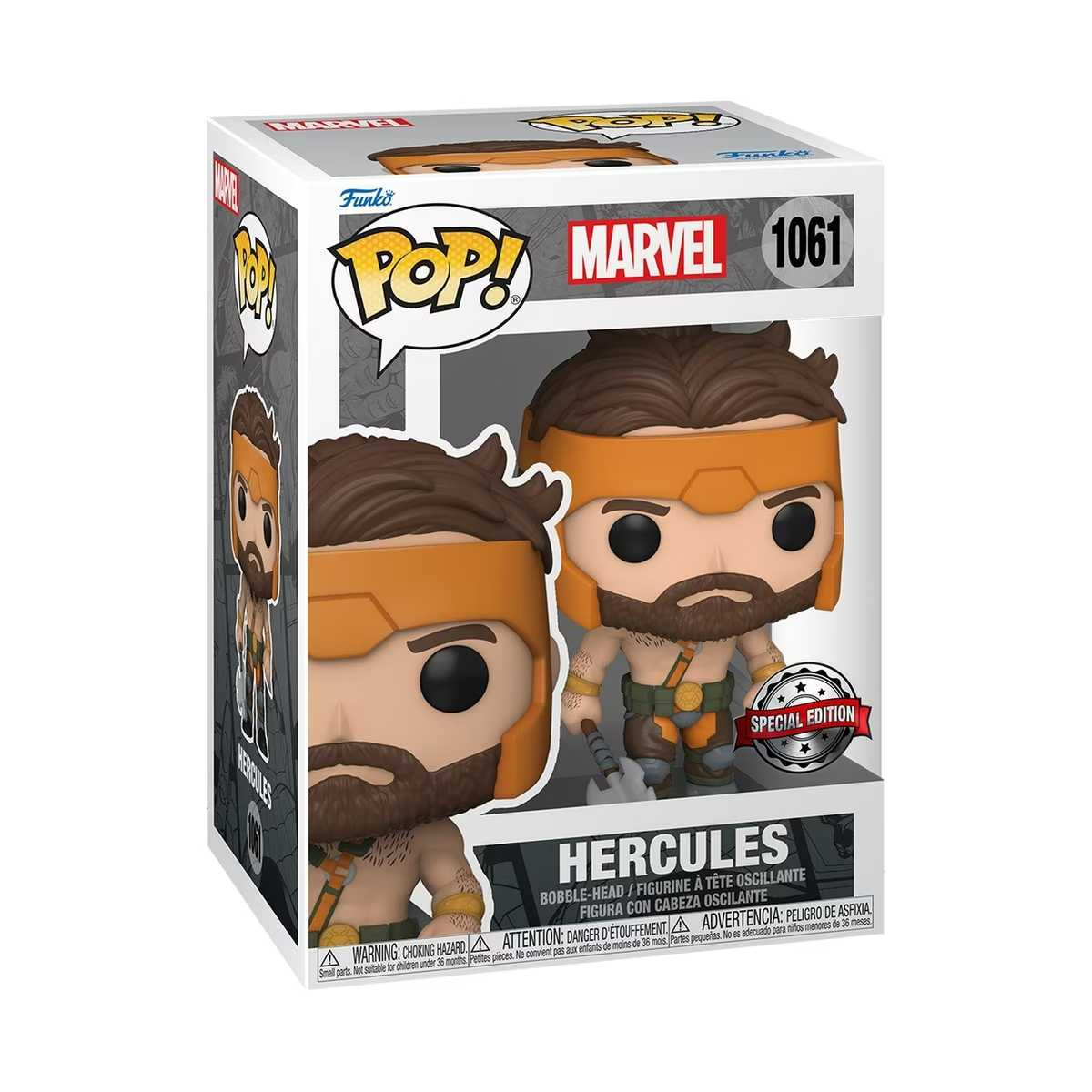 Figura Funko Pop! Marvel Hércules en una caja de exhibición. La caja muestra la figura y el logo de Hércules.