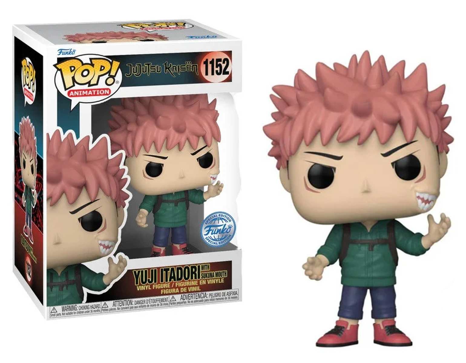 Eine Funko Pop Figur von Yuji Itadori mit einer Box, die die Figur zeigt.