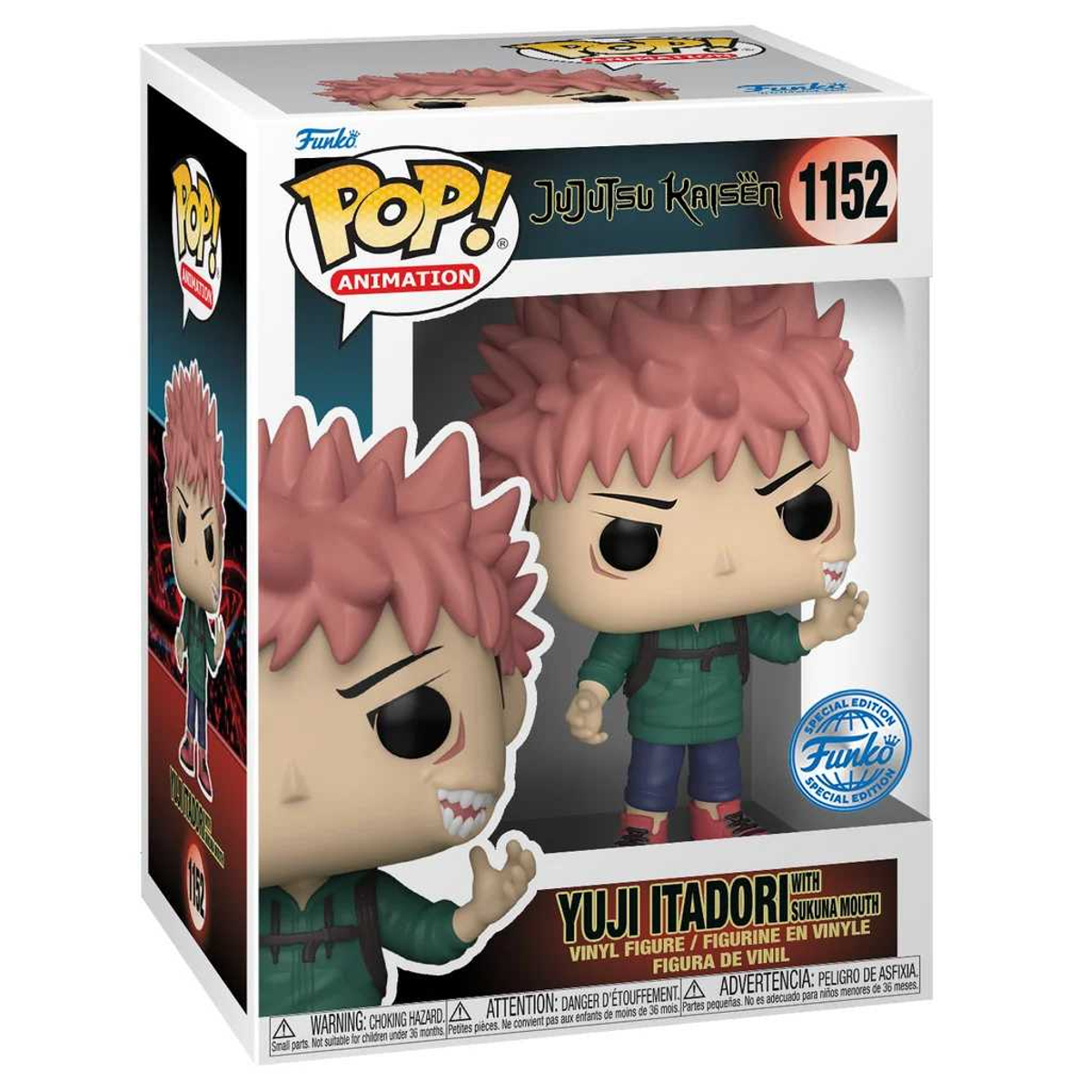 Funko Pop Jujutsu Kaisen Figurenbox. Sie zeigt Yuji Itadori mit Sukuna-Mund.