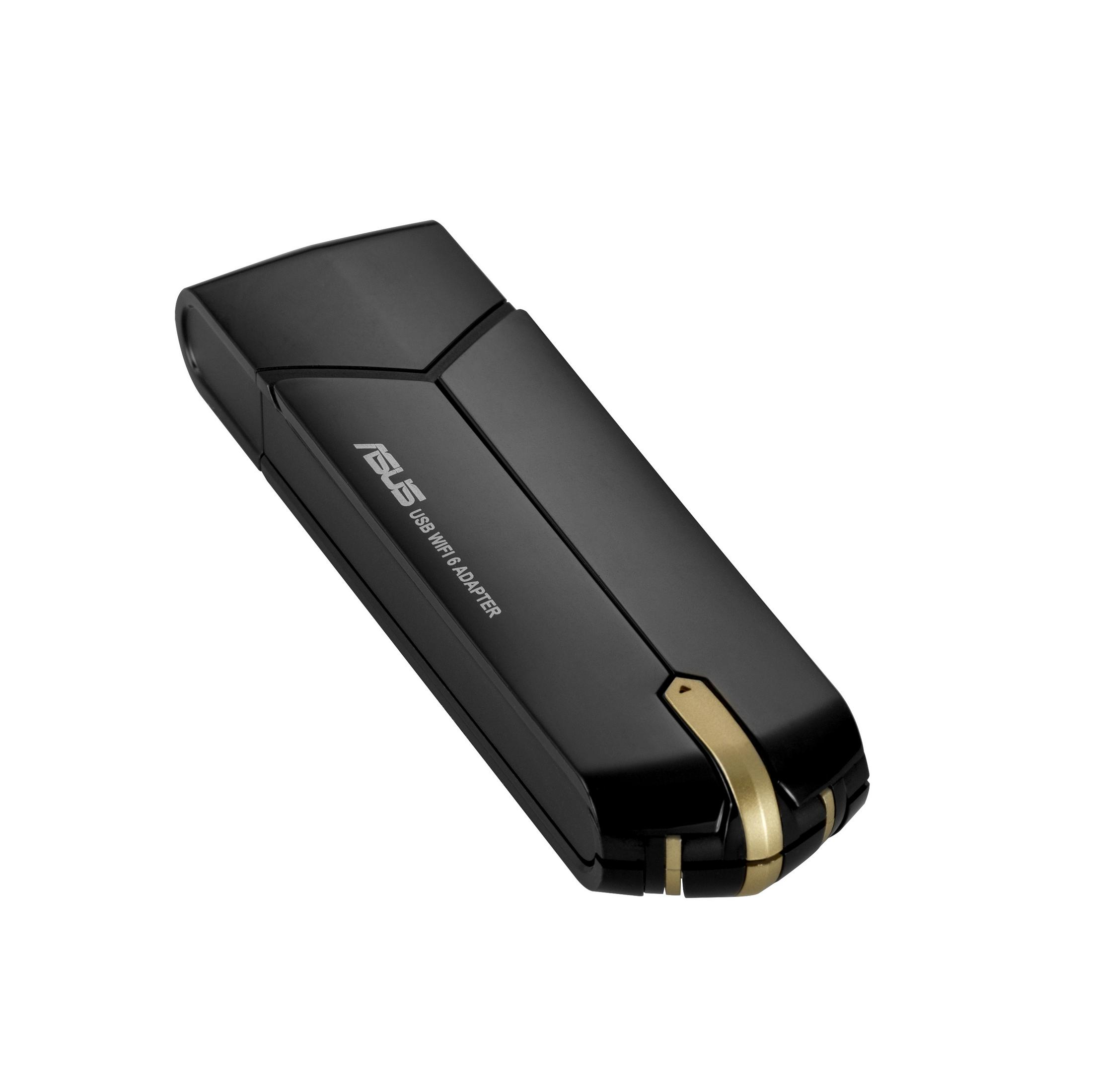 Adaptador wifi USB negro y dorado. Es rectangular y tiene el logotipo de ASUS.