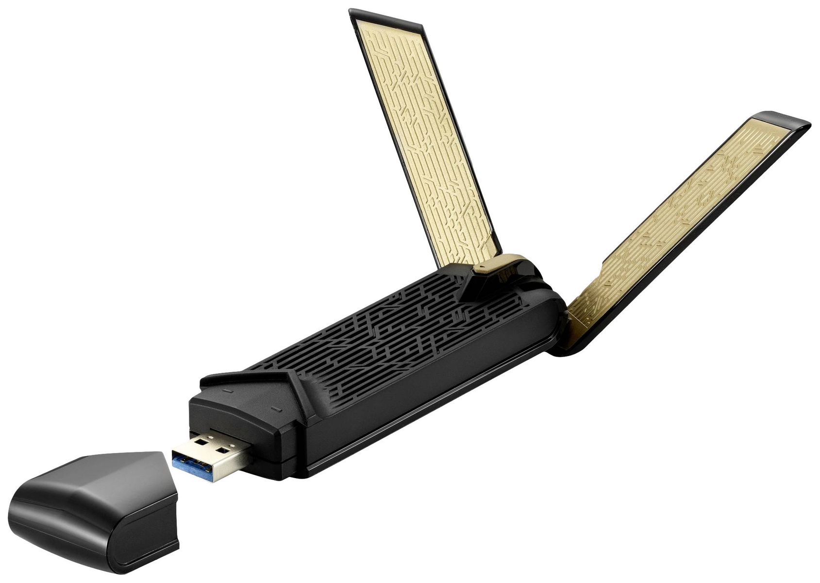 Adaptador Wi-Fi USB. Es negro y tiene antenas doradas que se abren como alas.