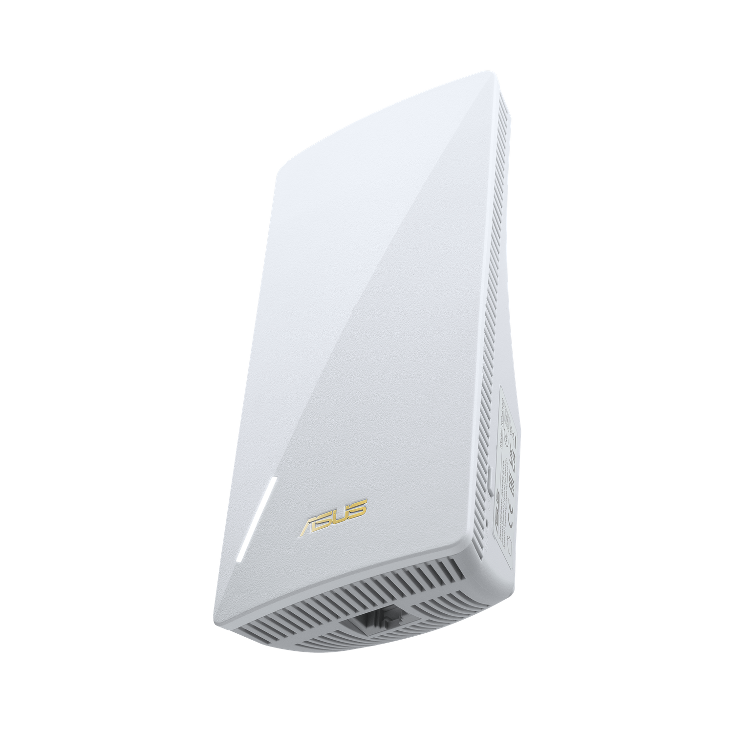 Ein weißer ASUS WLAN-Extender mit goldenem ASUS-Logo und schlankem Design.