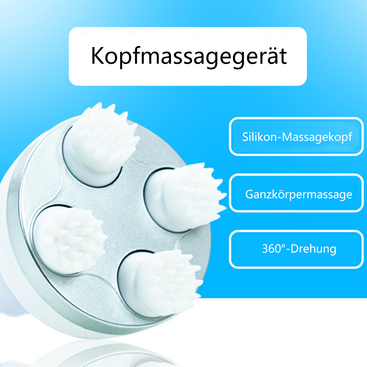 Ein Kopfmassagegerät mit weißen Massageköpfen und Text auf Deutsch.