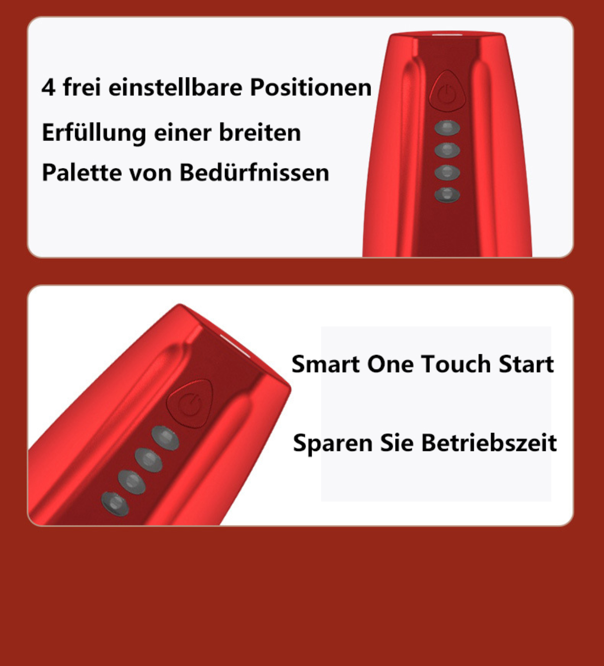 Zwei Bilder, die Details eines roten Geräts mit Knöpfen zeigen. Text auf Deutsch.