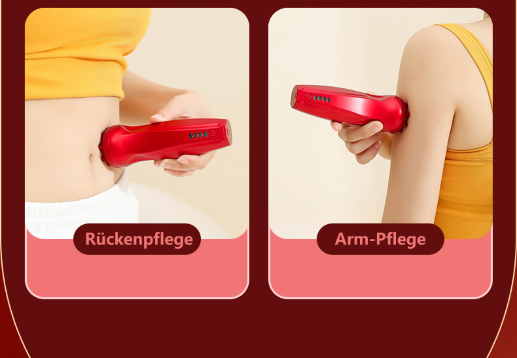 Zwei Bilder nebeneinander, die ein rotes Massagegerät zeigen, das auf Rücken und Arm verwendet wird.
