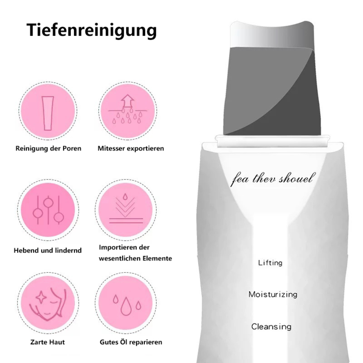 Diagramm eines Gesichtsreinigungsgeräts mit Symbolen und Text auf Deutsch.
