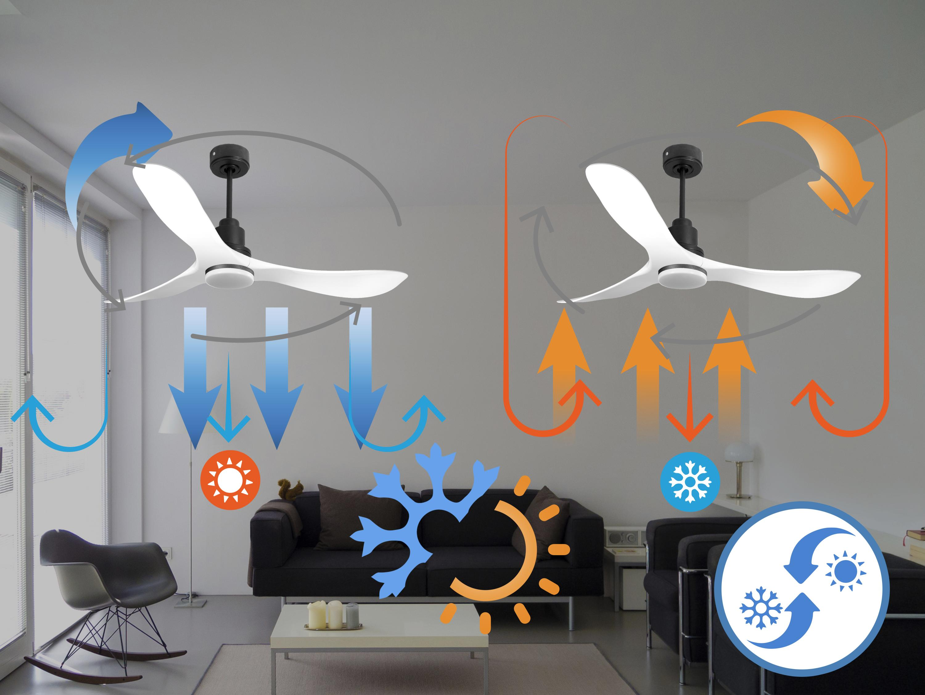 Diagrama que muestra dos ventiladores de techo con flechas que ilustran el flujo de aire para enfriar y calentar.
