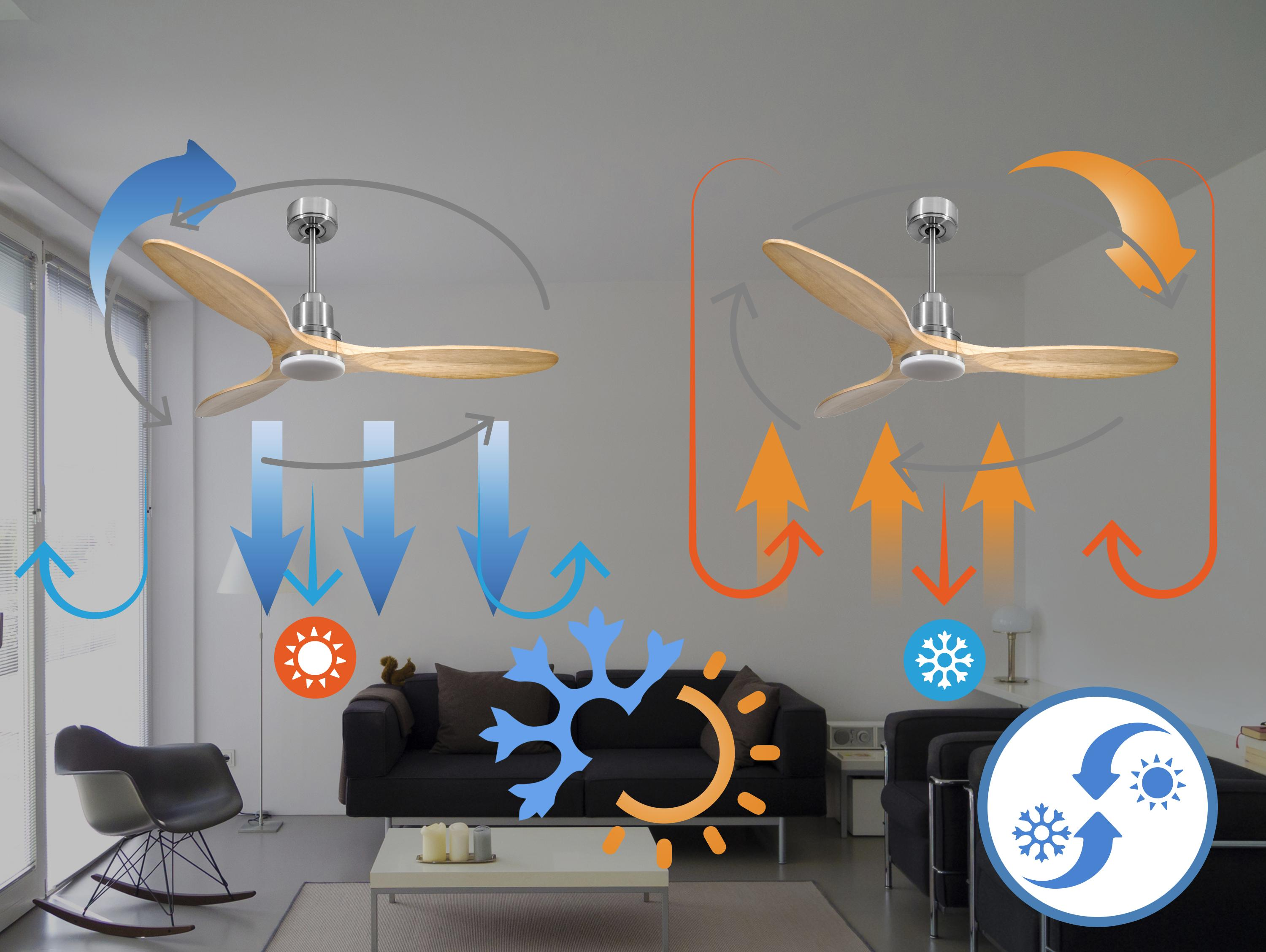 Se muestran dos ventiladores de techo con aspas de madera con flechas que indican la circulación del aire para enfriar y calentar.
