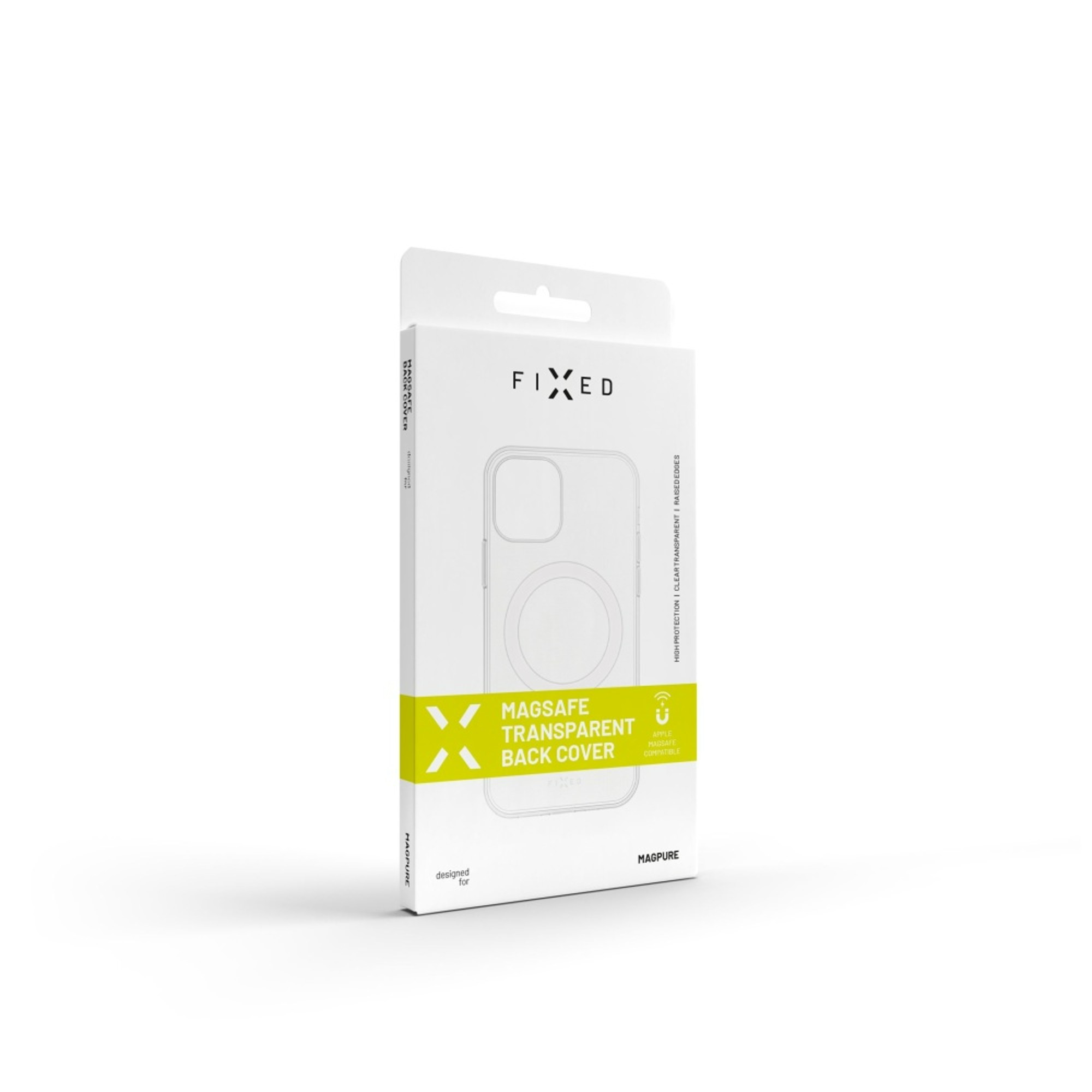 Weiße Schachtel mit einer transparenten Handyhülle. Die Schachtel hat Text und Logos.