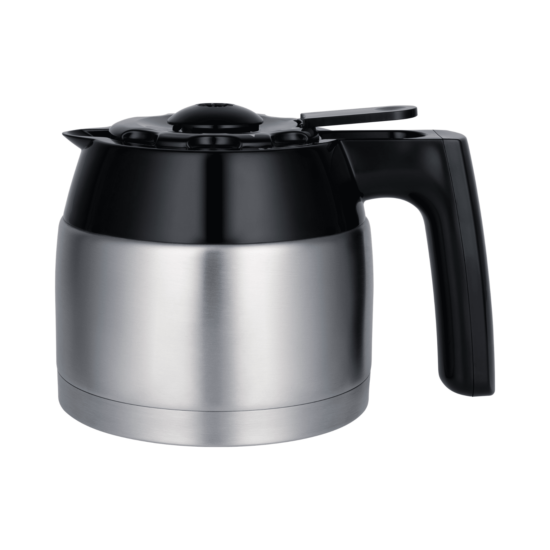 Cafetera de acero inoxidable y negro, asa a la derecha, tapa negra.