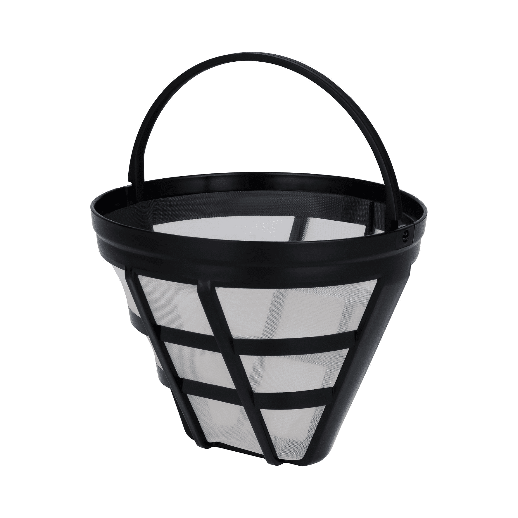 Cestello filtro caffè nero con manico. Ha una forma conica con un filtro a rete all'interno.